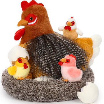 Beniny Egg Laying Hen Chicken Stuffed Animal Plush Toys, Stuffed Chicken With Little Baby Chicks And Coop, Chicken Toys For Kids