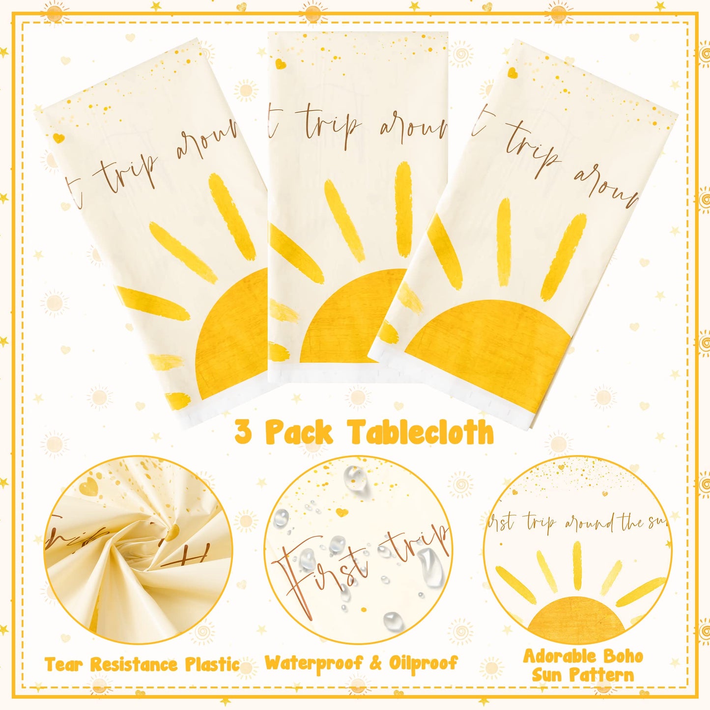 G1Ngtar 3Pcs First Boho Sun Birthday Party Tablecloths Boho Hippie Sunshine Disposable Plastic Waterproof Rectangular Table Cove