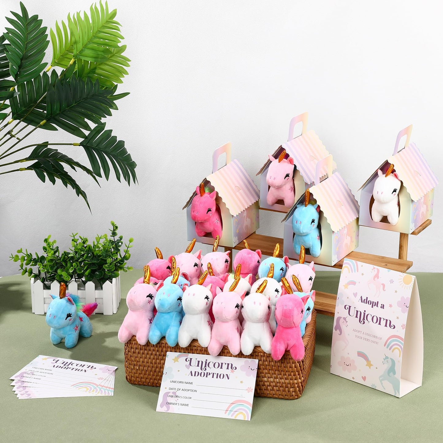 Blueweenly Unicorn Party Favors Set - 73 Pcs Mini Plush Stuffed Animals, Adoption Cards, Mixed Colors, Perfect for Birthday Parties