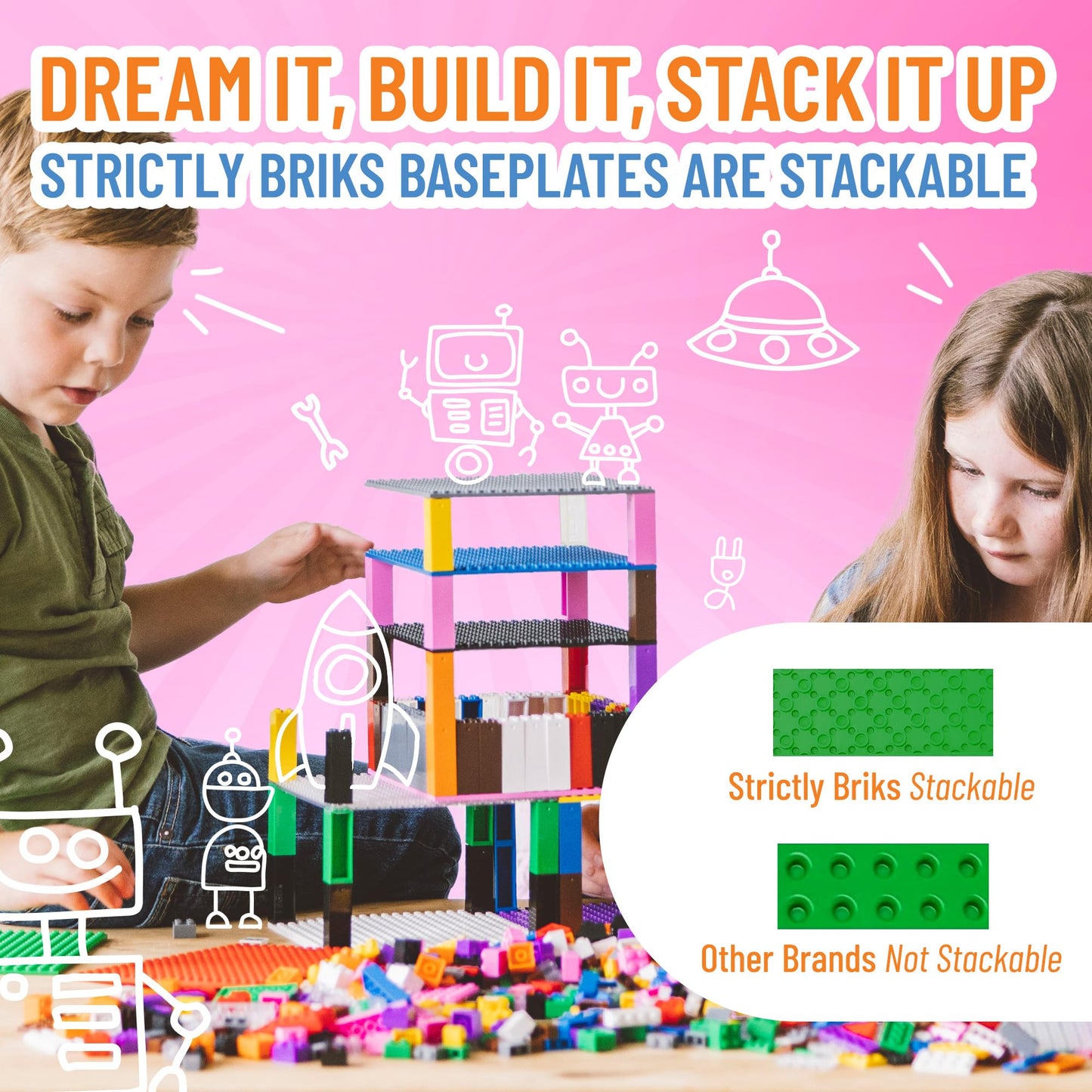 Strictly Briks Baseplate Set - 10x10 in 6 Multi-Color Plastic Baseplates - Compatible with Lego, Includes 50 Stackers, Kids Gift