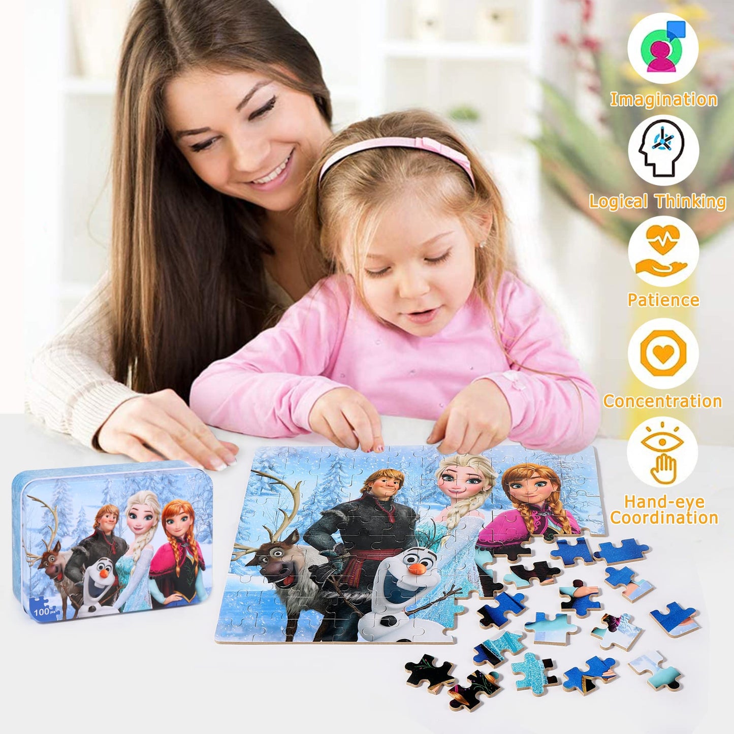 LELEMON Snowmen 100 Piece Puzzles for Kids Ages 4-8, Educational Jigsaw Puzzles in Metal Box, Fun Puzzle Games for Girls and Boys