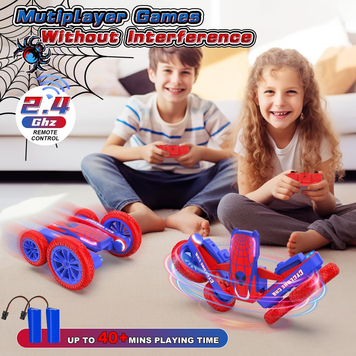 Spider Remote Control Car for Kids - 2.4Ghz Fast RC Stunt Cars, 360 Rotating 4WD RC Crawler with Lights, Rechargeable Car Toy fo