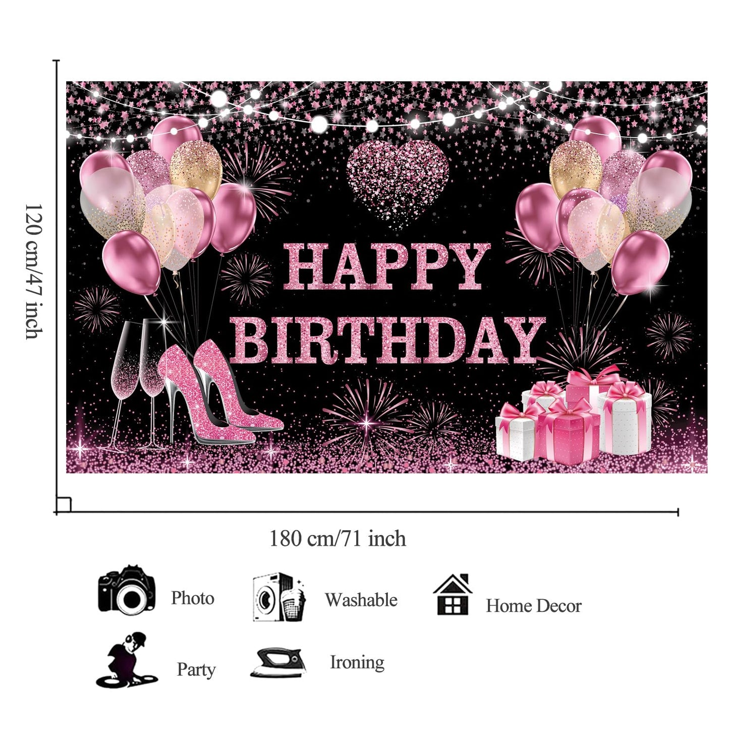 YinQin 180x120 cm Pink Gold Happy Birthday Backdrops Cloth 71x47 in. Birthday Photography Backgrounds Glitter Black Rose Gold Bi