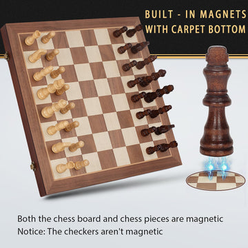 2 In 1 Magnetic Chess Set & Checkers Board Game, 15'' Wooden Folding Chess Board With 2 Extra Queens, Portable Travel Chess Set