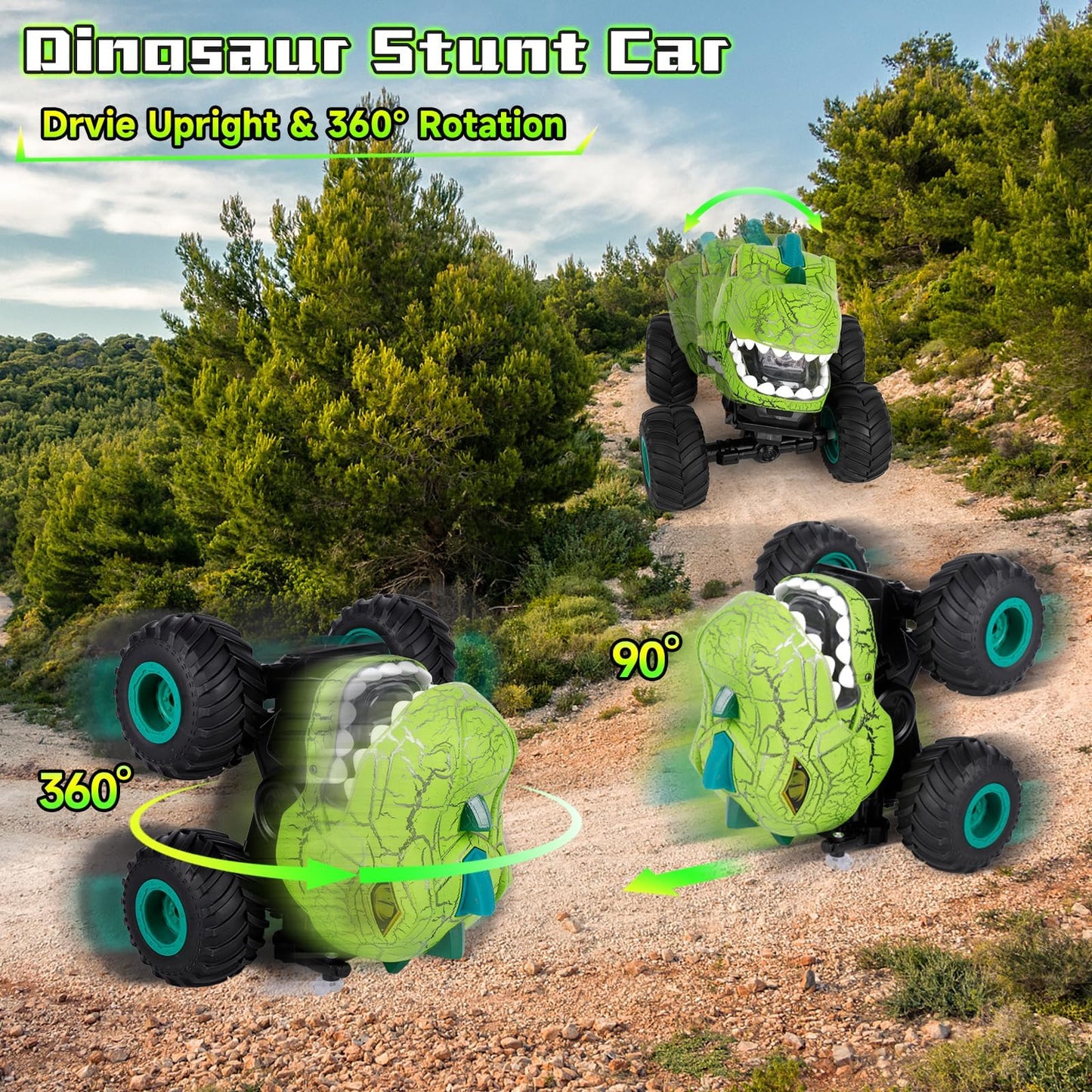 Drefirsa Remote Control Dinosaur Car for Boys Age 4-7 8-12, 50min+ Runtime Monster Truck Toy with Spray, Light, Music, 360 Rotat