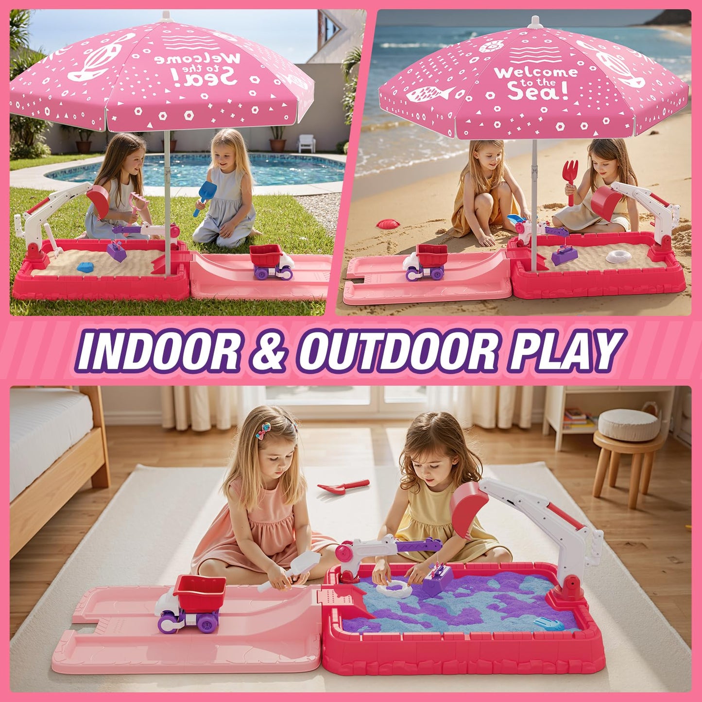 Wee Wonders Sandbox With Lid & Adjustable Umbrella, Dirt Digger Excavator Sand Box With Cover Incl Construction Toys & Play Sand