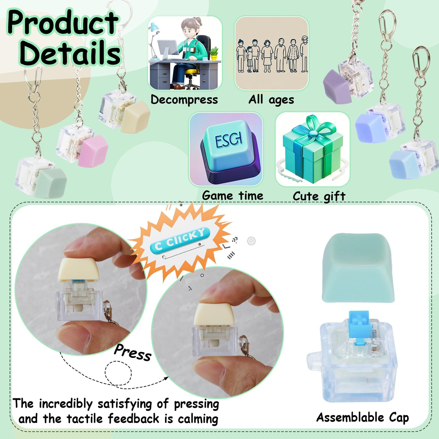 6 Pack Keyboard Fidget Toy Keyboard Fidget Keychain Keyboard Decompression Button Finger Clicker Toys  Button Stress Relief Fidget Gifts for mature-themed to Relief Stress (Mix Macaron)