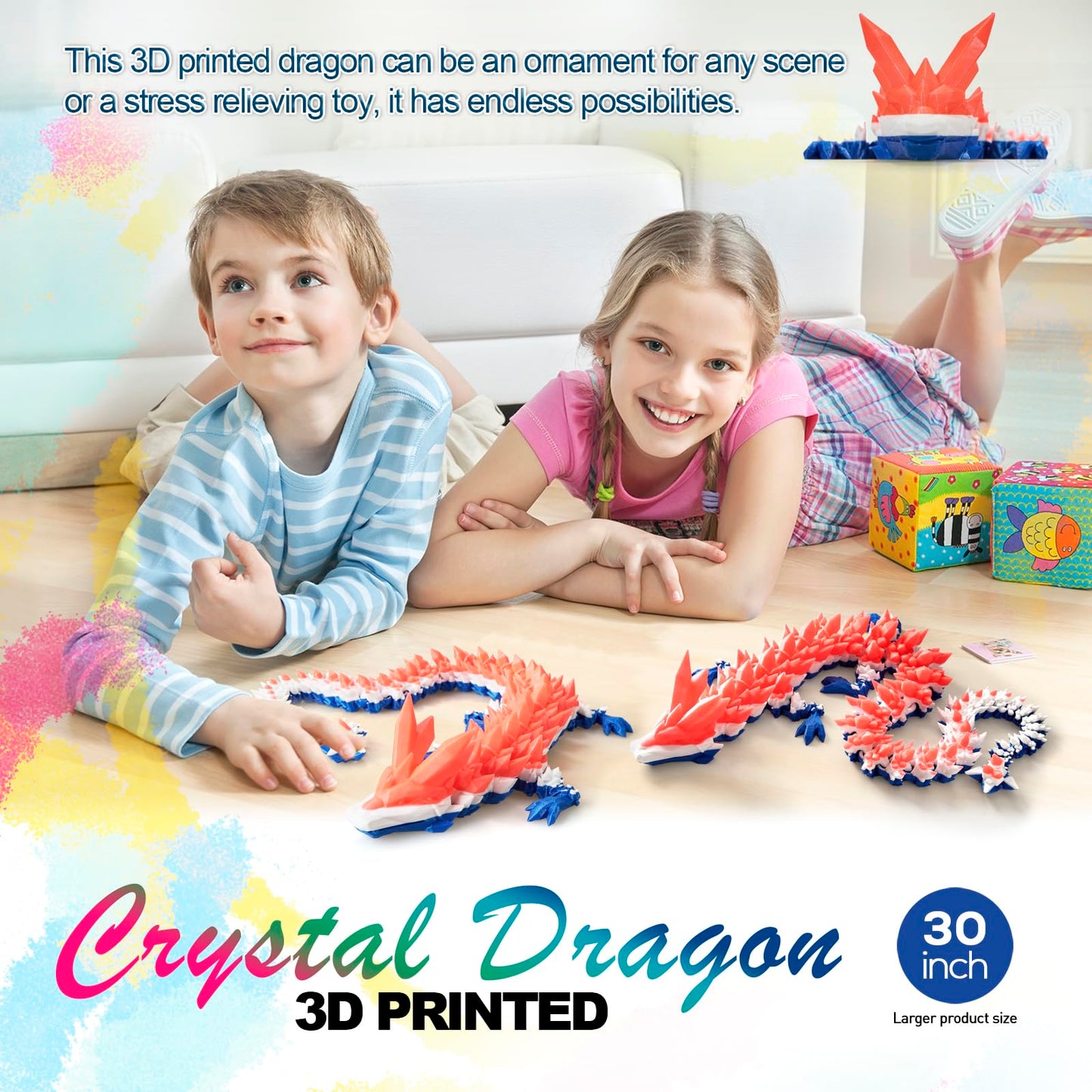 Dak Haan 30 Large 3D Printed Dragon Flexible Articulated Crystal Dragon Fidget Toy Cool Big Dragons Toy Huge 3D Printed Dragons Gift for Girls Boys Kids Christmas & Birthday