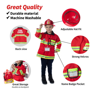 Born Toys 8 PC enhanced Washable Kids Fireman Costume Toy for Kids Boys Girls Toddlers  and Children with Complete Firefighter Accessories
