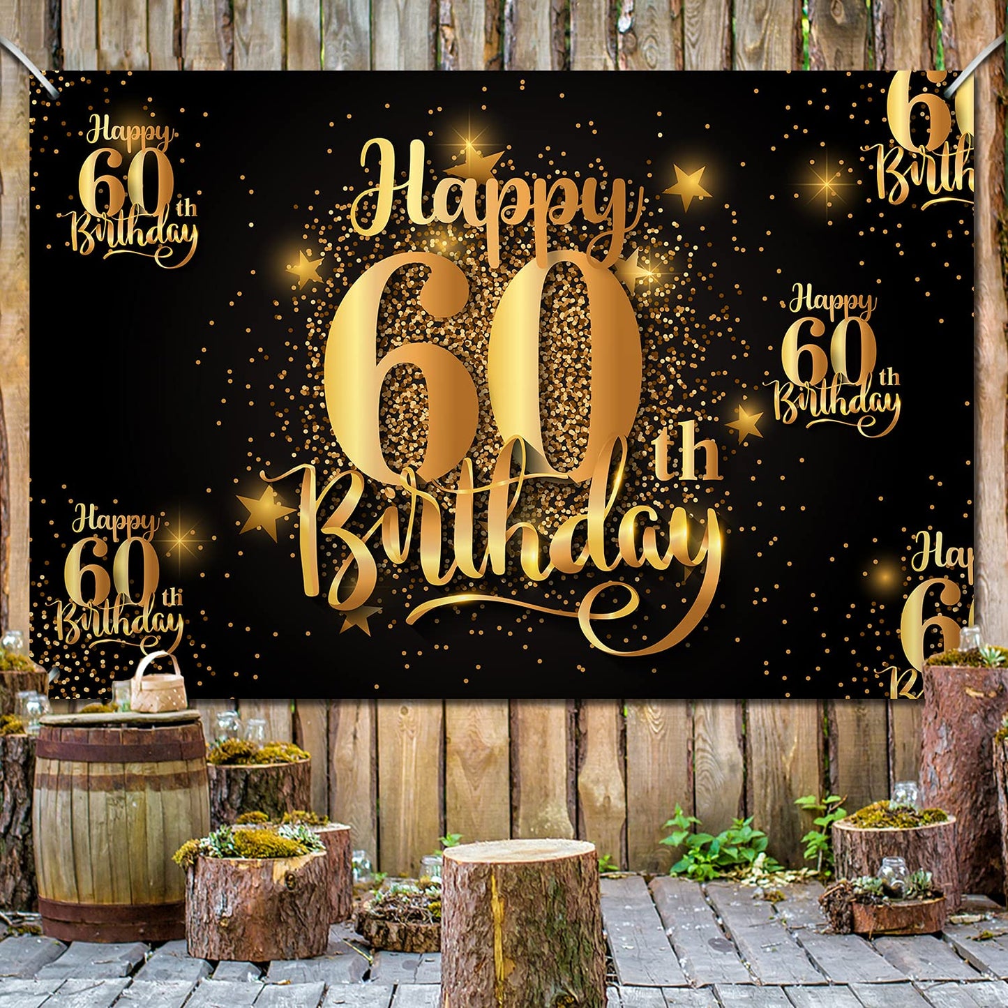 Nc Happy 60Th Birthday Backdrop Banner Step And Repeat 60 Years Old Background Decorations For Women Men Her Him Photography Party Supplies Glitter Black Gold