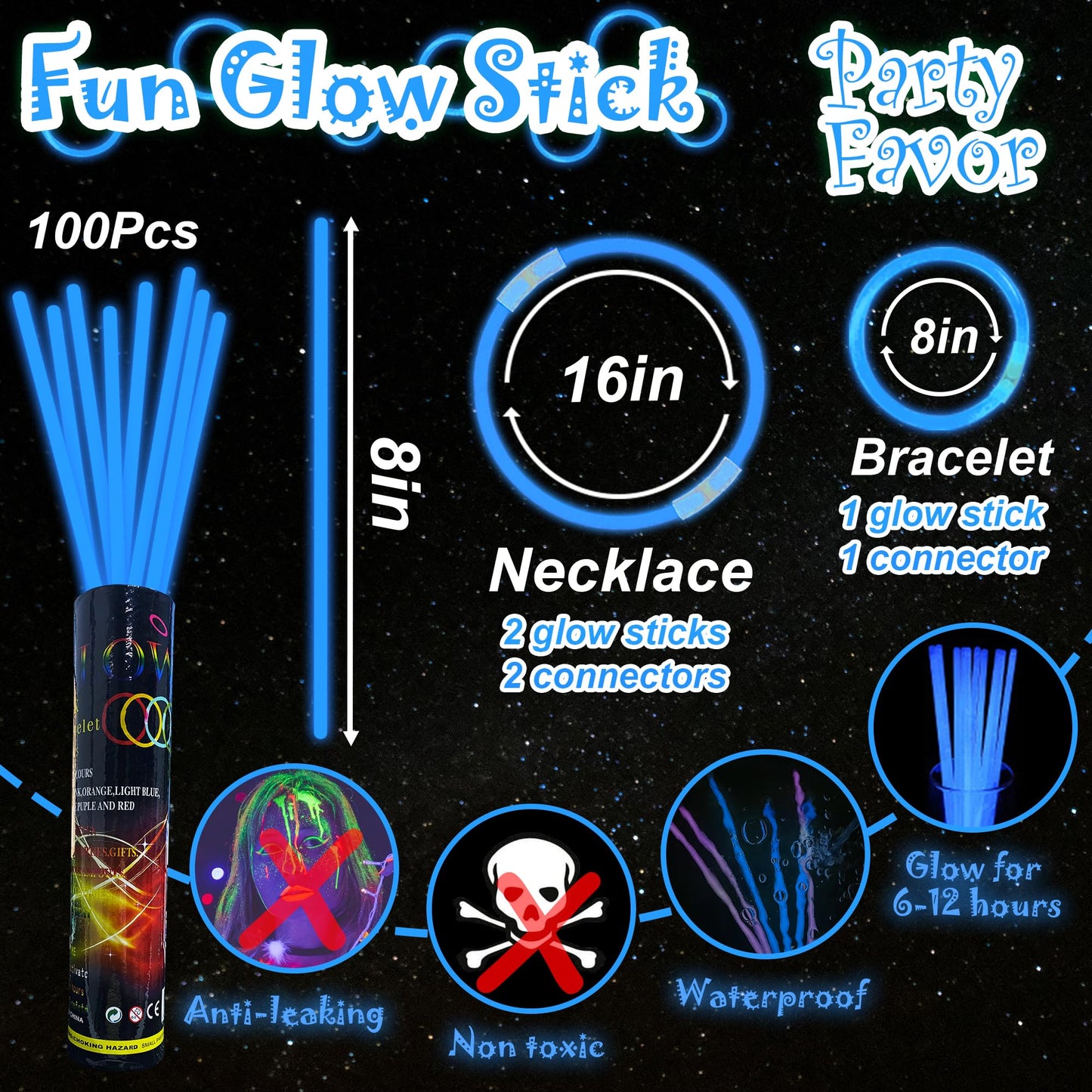 Ilhsty 100 Pk 8'' Blue Glow Sticks Glow Necklaces In The Dark Party Favor Supplies Bright Glowsticks Bulk For Birthday Valentine