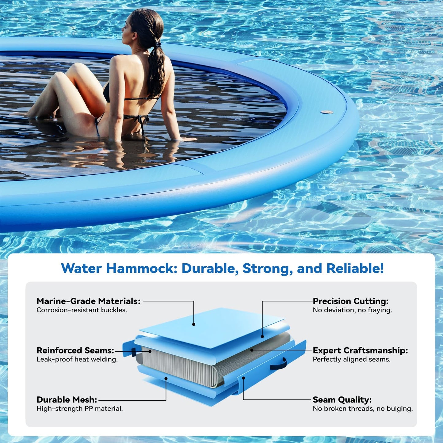 Danrelax 10' Round Inflatable Floating Dock, Sunchill Float Ring, Hammock Tanning Pool With 4In Woven Fabric, Manual Pump For 1-