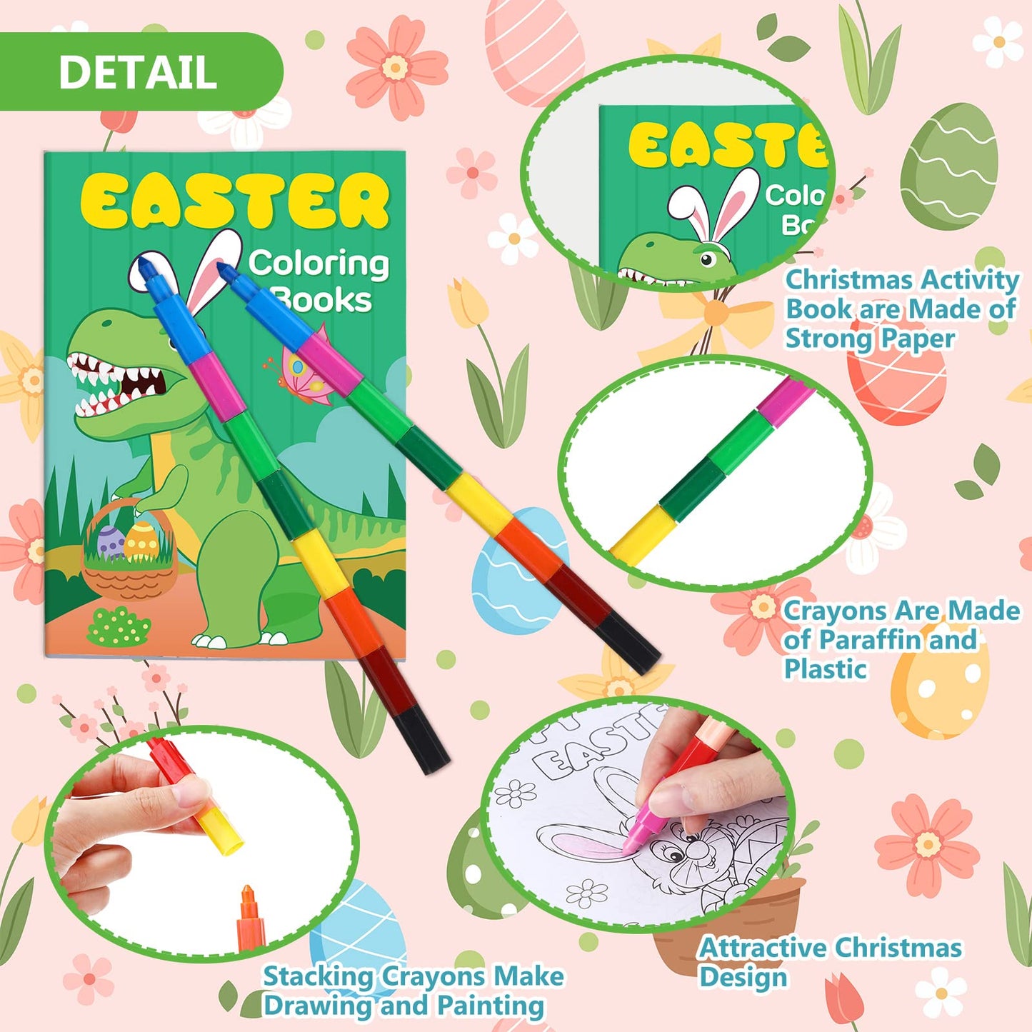 24 Pcs Easter Coloring Books with 24 Stacking Crayons for Kids Party Favors Easter Holiday Activity Books Rainbow Crayons Easter