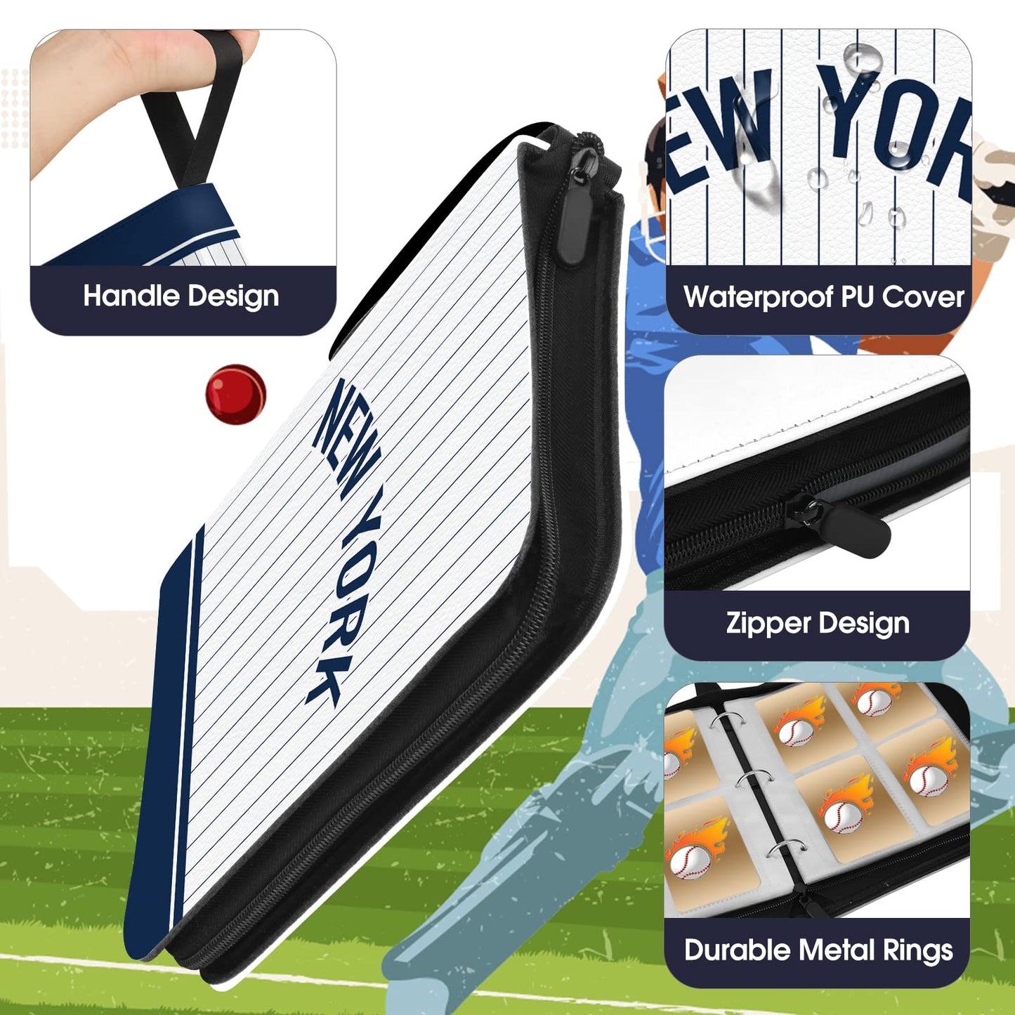 Baseball Card Binder With Sleeves 400 Pocket, Baseball Card Holder For Trading Cards Baseball Collector Album New York Sports Ca