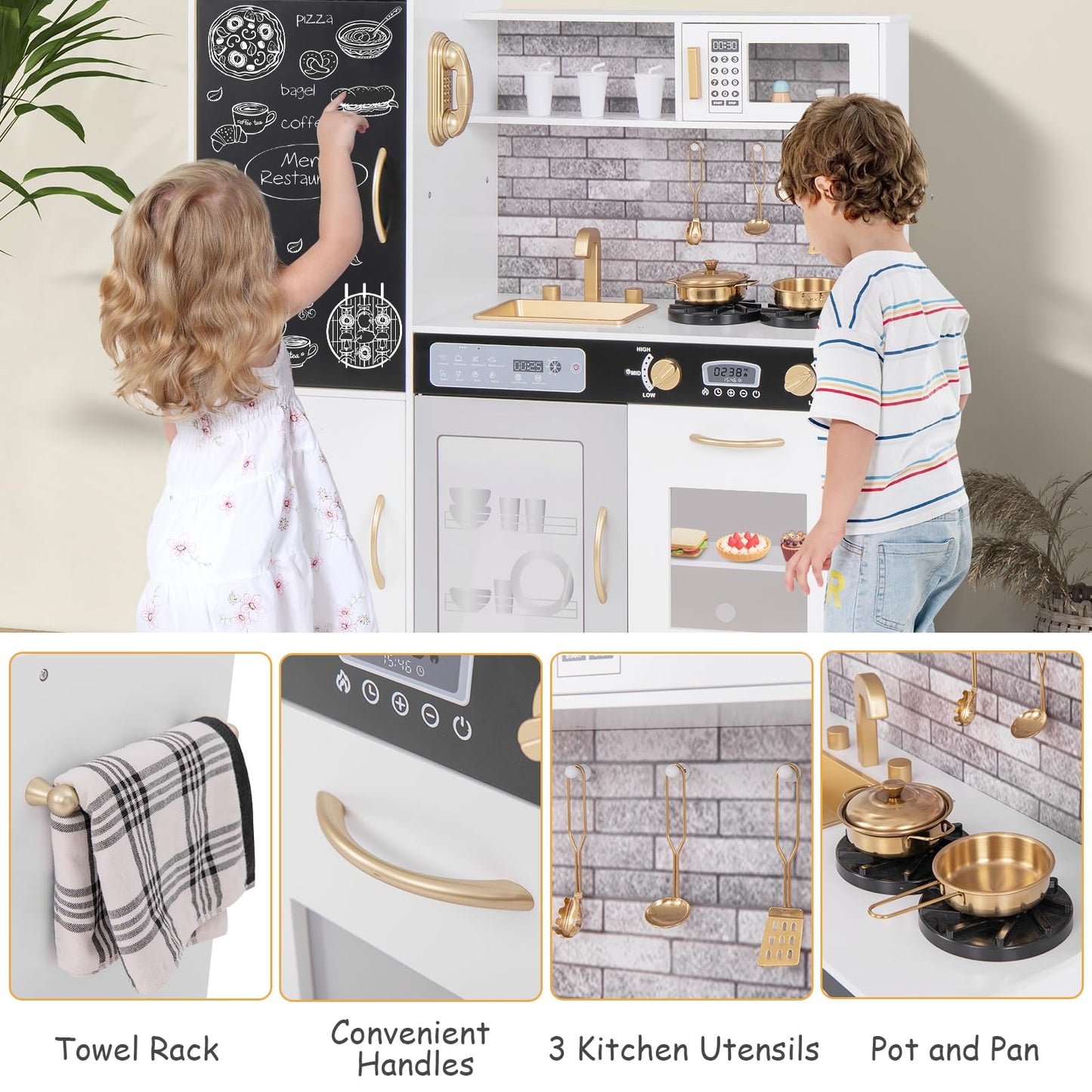 Costzon Play Kitchen For Kids, Wooden Toy Kitchen Set With Stoves, Microwave, Blackboard, Water Dispenser, Telephone, Cooking Ac