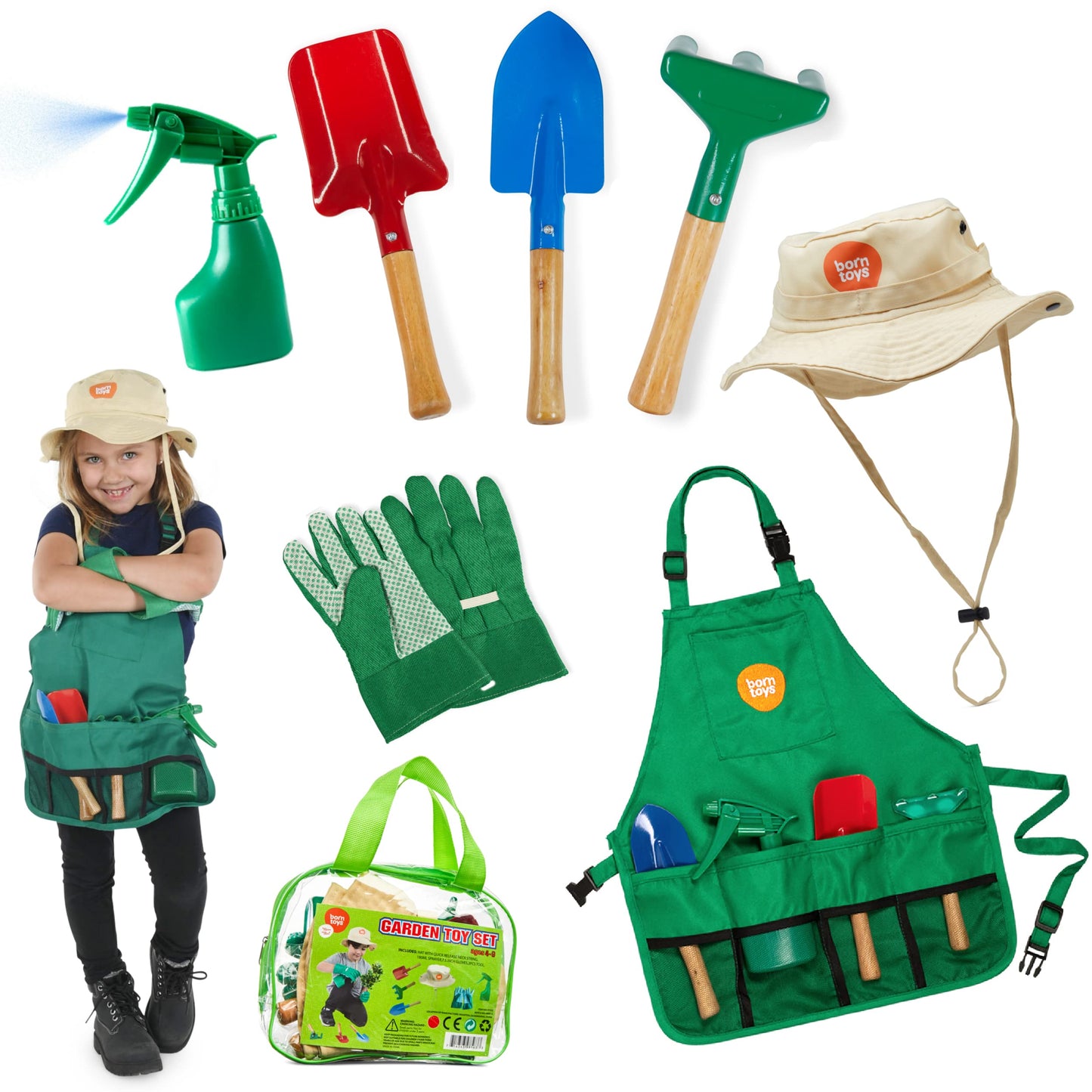 Born Toys Gardening Tool Set for Kids Ages 3-7, Assorted Color, Includes Apron, Hat, Shovel, Gloves - Fun Pretend Play Gardening Set