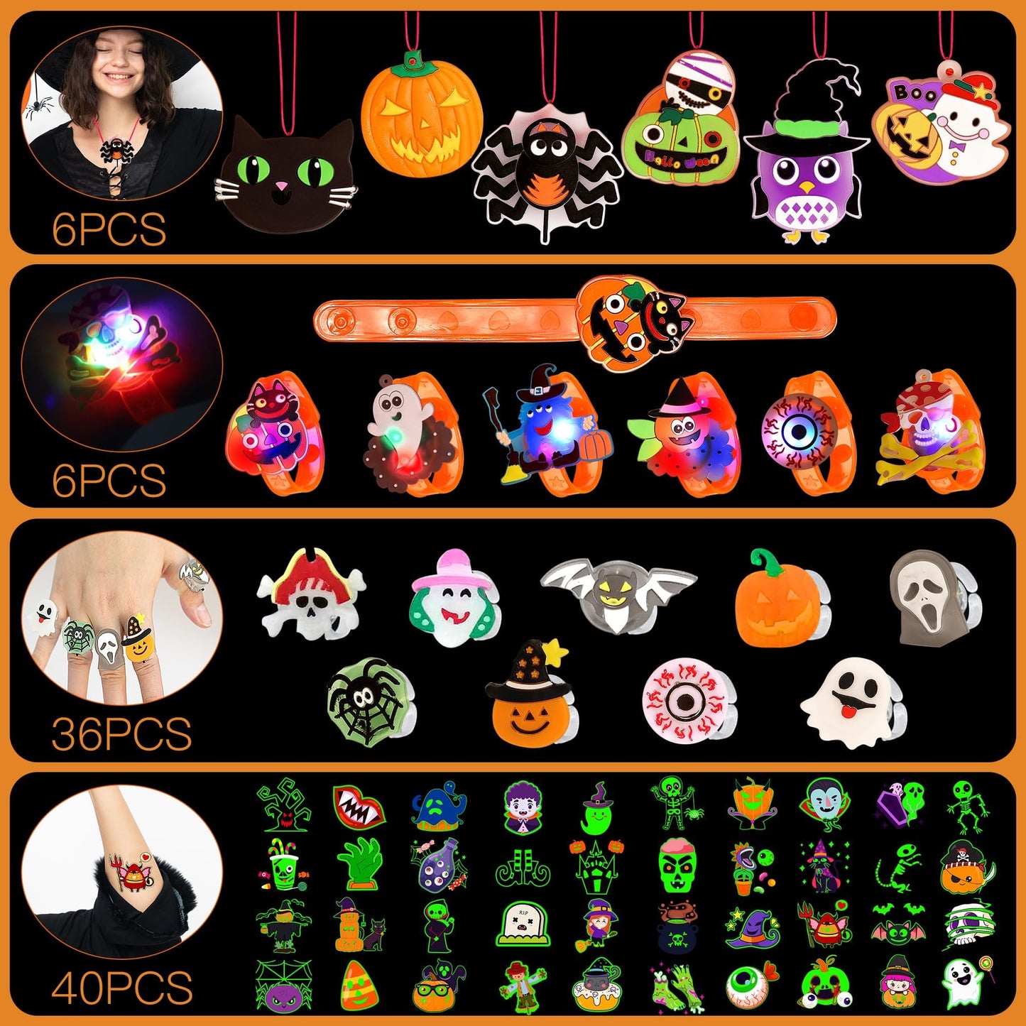 U-Goforst 88 PCS Halloween Party Favors for Kids, Glow in the Dark Light Up Bracelets Necklaces LED Rings Halloween Toys Bulk Cl