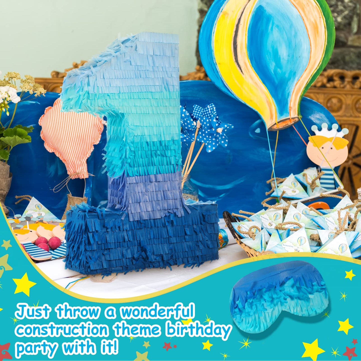 Number 1 2 3 4 5 6 7 8 9 Piñata With Stick Blindfold Confetti, Gradient Blue Piñata For Kids Birthday Party Large Blue Piñata For Boys Girls Birthday Anniversary Decoration Supplies(Number 1)