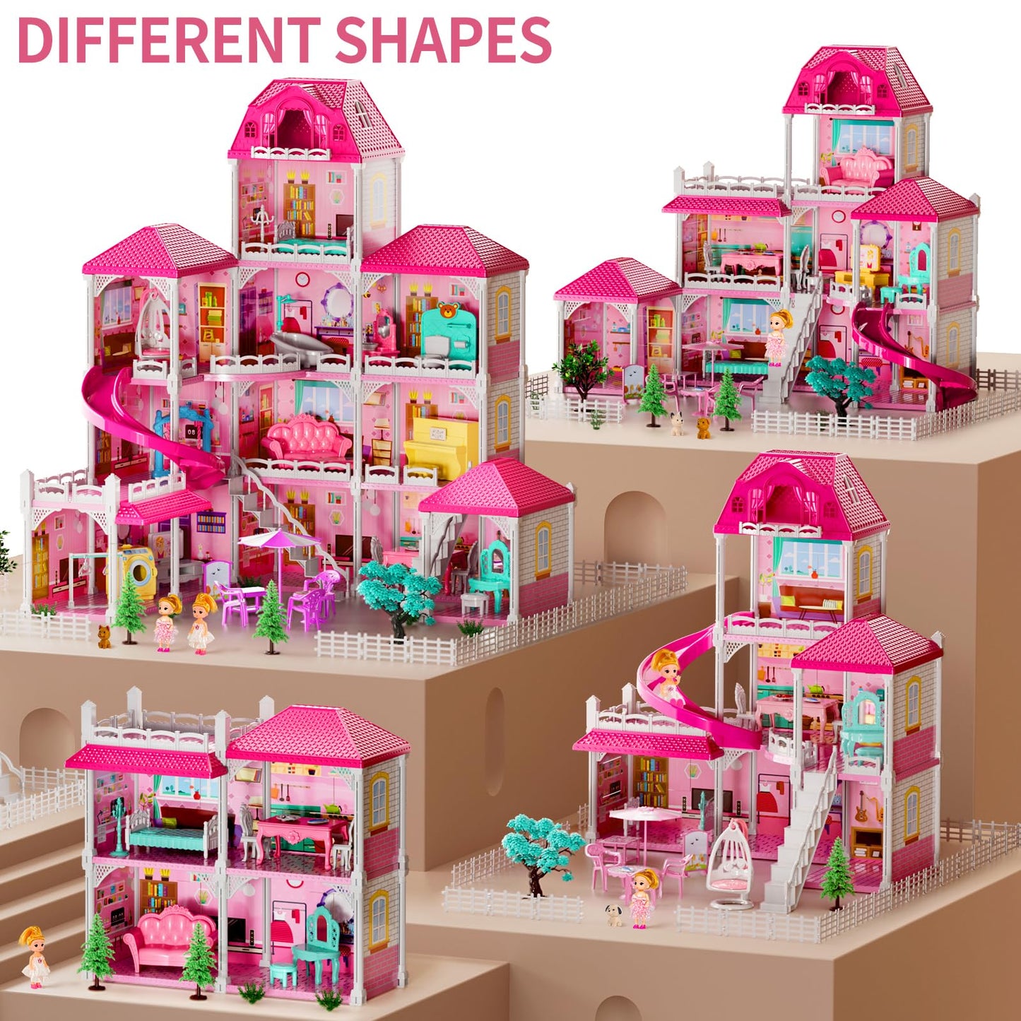 Temi Doll House Girls Toys - 4-Story 12 Rooms Playhouse With 2 Dolls Toy Figures, Fully Furnished Fashion Dollhouse, Pretend Pla