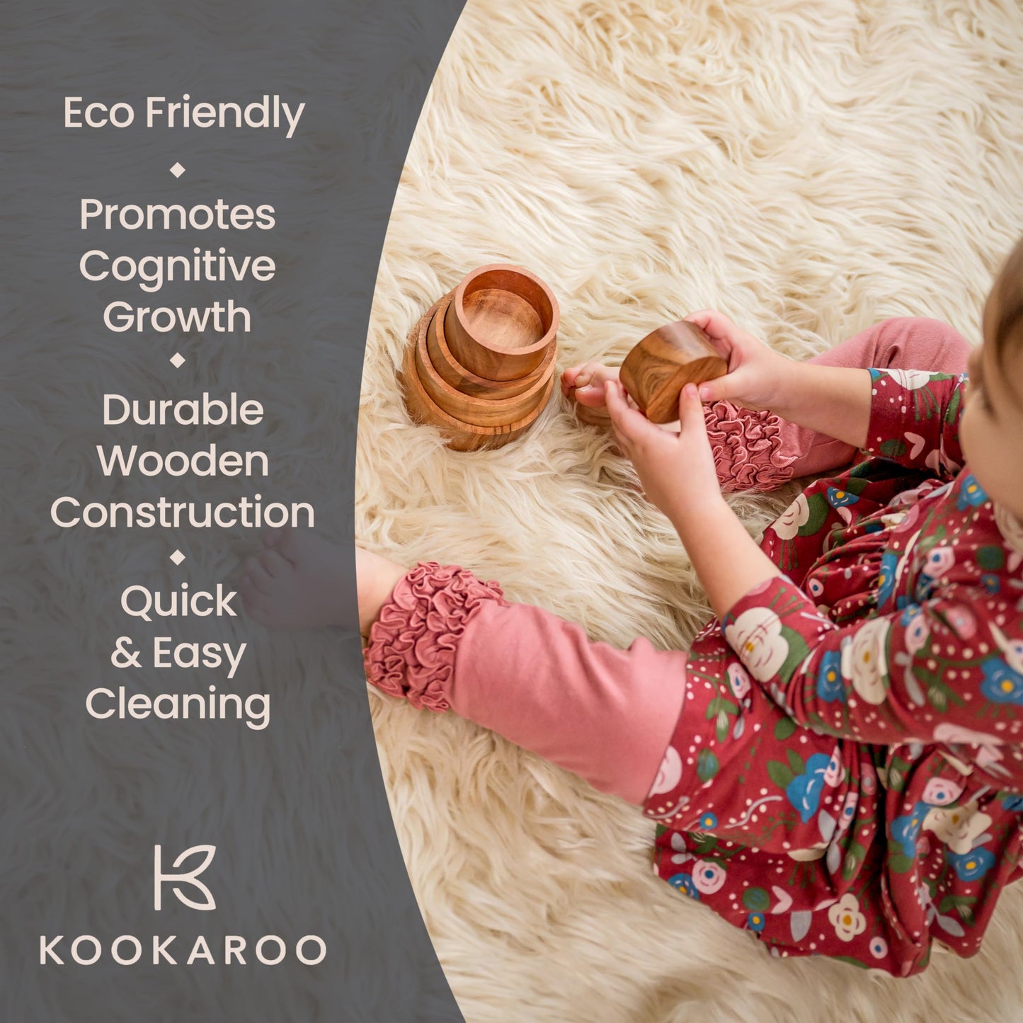 KOOKAROO Wooden Stacking Bowls - Montessori Nesting Toy for Sensory Play & Fine Motor Skills  Natural Acacia Wood