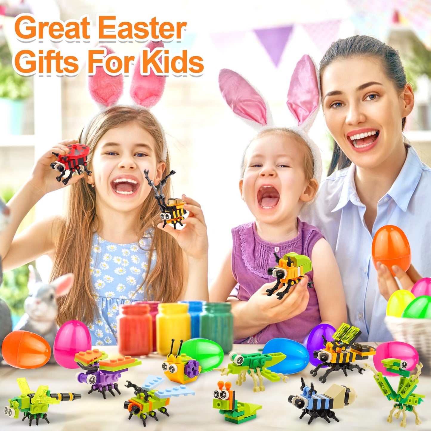 iGeeKid 24 Pack Prefilled Easter Eggs with Stem Building Toys for Boys Easter Basket Essential 12 in 1 Insect Themed Building Bl