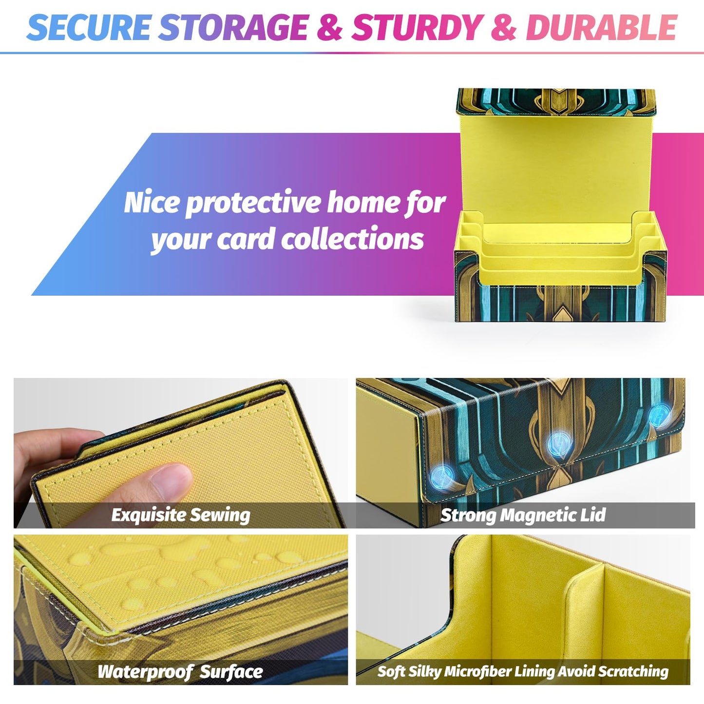 Uaono Card Storage Box For Mtg, Trading Card Deck Box Holds 1800+ With 6 Dividers, Leather Printing Magnetic Closure Card Storage Case Fits Tcg Ccg Sports Cards (Light Yellow, Key)