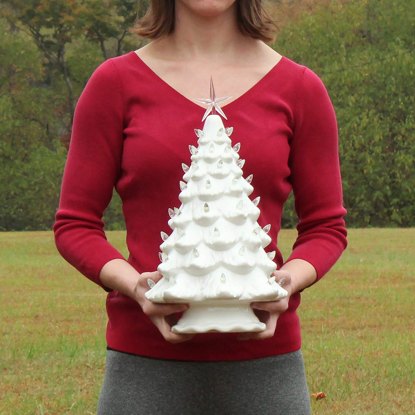 Milltown Merchants Ceramic Christmas Tree - Tabletop Christmas Tree With Lights - (15.5' Large White Christmas Tree/White Lights) - Lighted Vintage Ceramic Tree