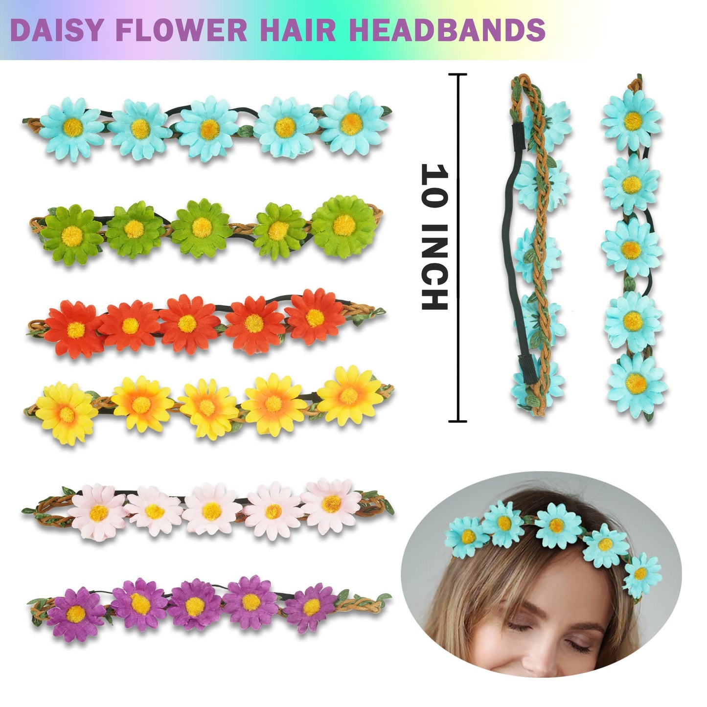 BANBALLON 30 PCS Hippie Party Favors Retro Round Sunglasses Daisy Flower Headbands Peace Sign Necklaces Silicone Bracelets For 6