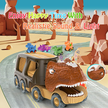 Veslier Dinosaur Car Toy for 2 3 4 5 Years Old Boys, Friction Power Carrier Truck with 4 Pack Small Pull Back Dino Car, Christma