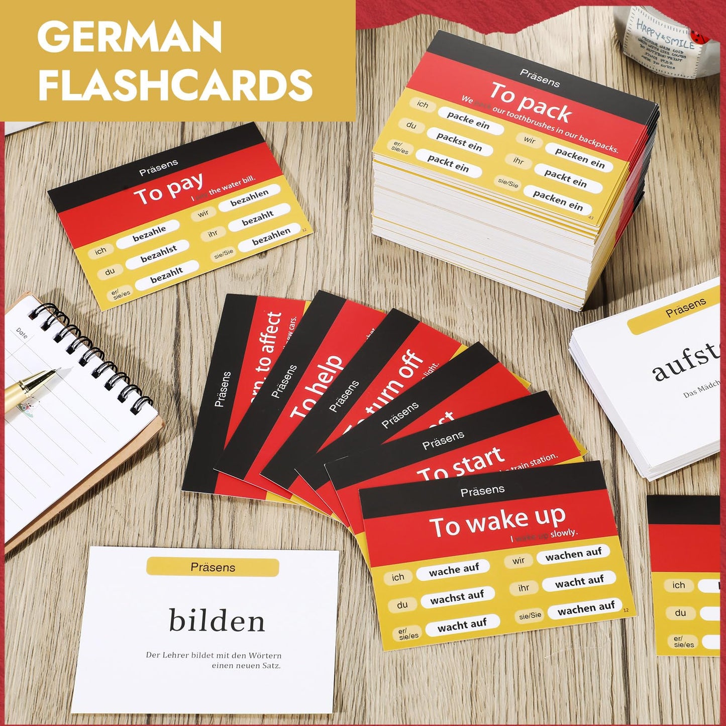 Resurhang German Flashcards - 200 Pcs Verb Conjugation Present Tense Study Cards for Adults & Kids - Paper Material