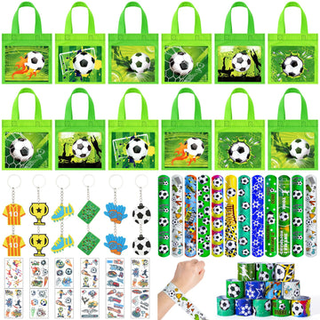 Winrayk 12 Set Soccer Party Favors Sports Birthday Supplies Kids, Non Woven Gift Bags Slap Bracelet Keychain Tattoo Sticker Boys
