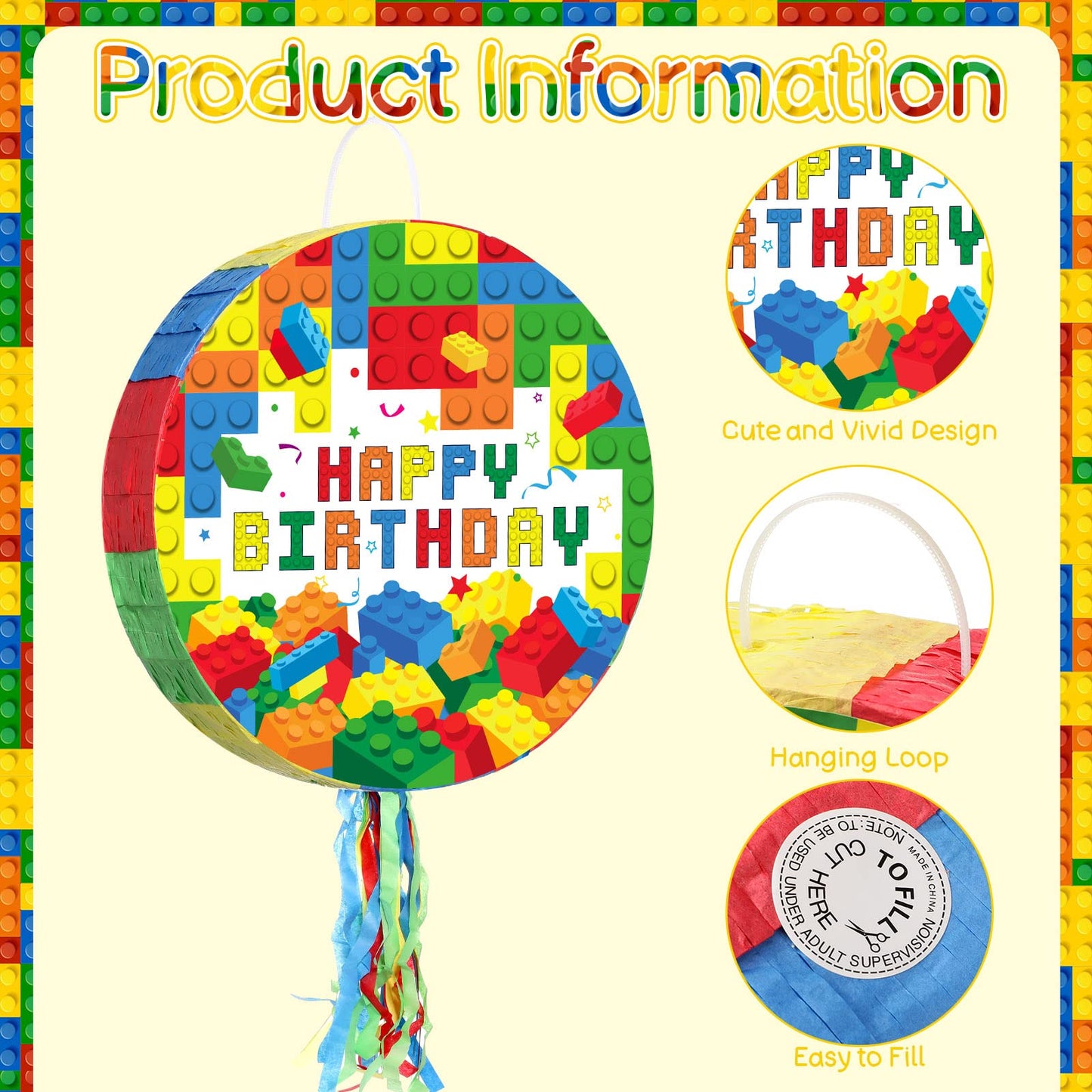 Jexine Building Blocks Piata Set Birthday Block Party Supplies Fiesta Piata Bundle with Blindfold Bat Stick Block Tassel Piata f