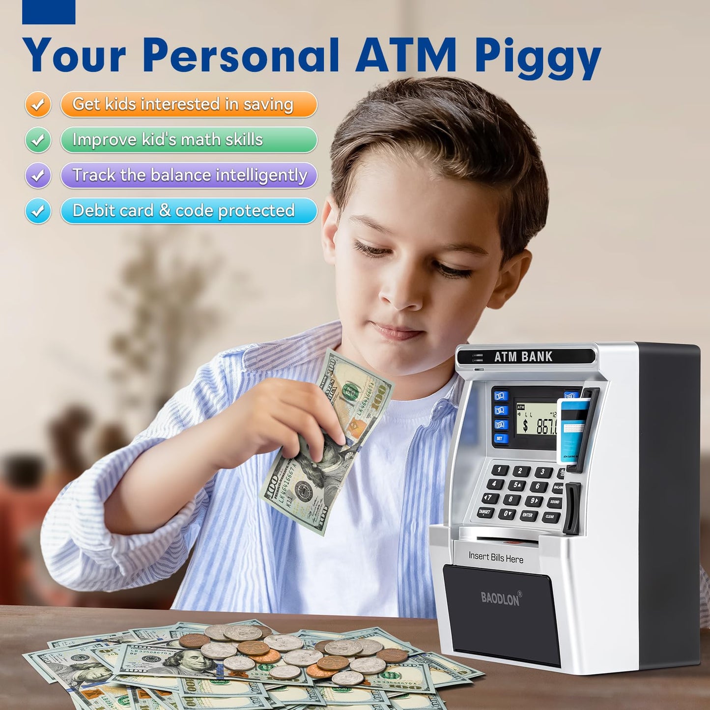Baodlon Piggy Bank For Kids, Atm Machine Bank For Real Money With Debit Card, Bill Feeder, Coin Recognition, Balance Calculator, Electronic Savings Safe Box, Cool Stuff Toys Gifts For Teen Boys Girls