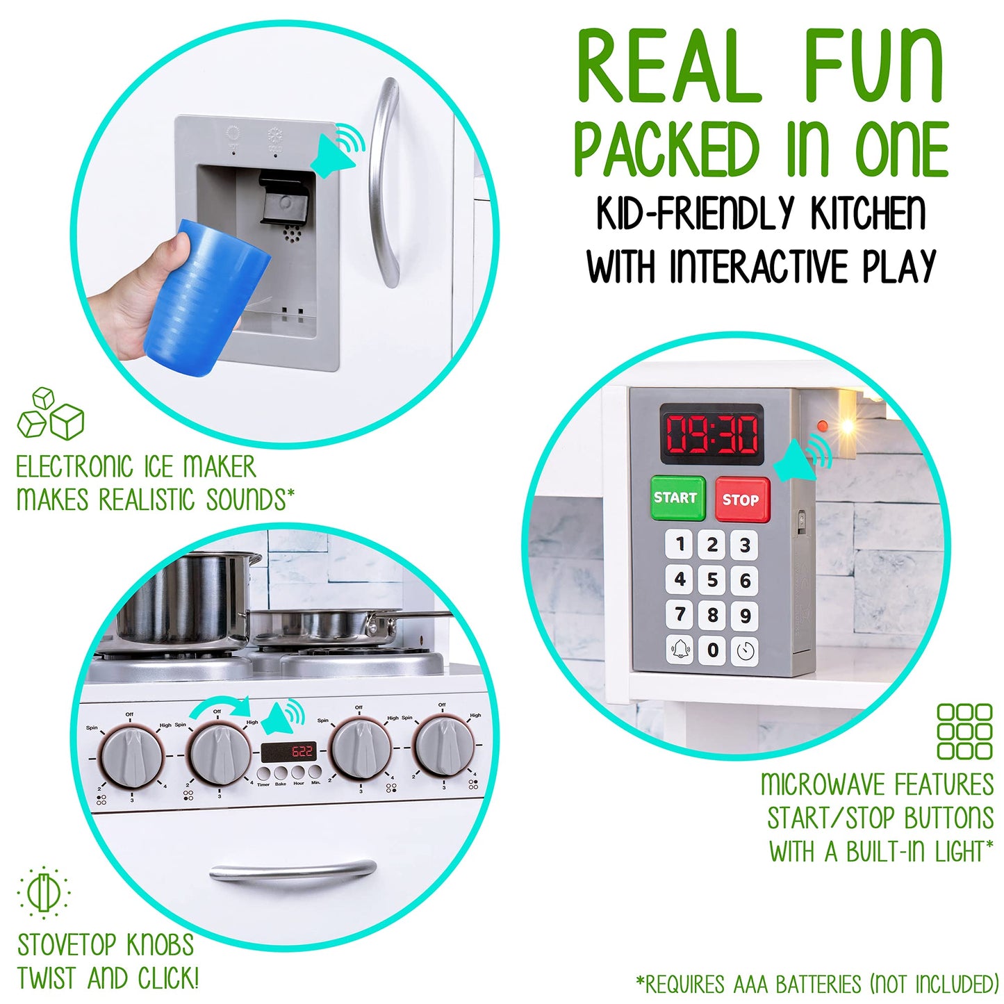 Lil' Jumbl Kids Kitchen Set, Pretend Wooden Play Kitchen, Battery Operated Icemaker & Microwave with Realistic Sound, Pots & Pan