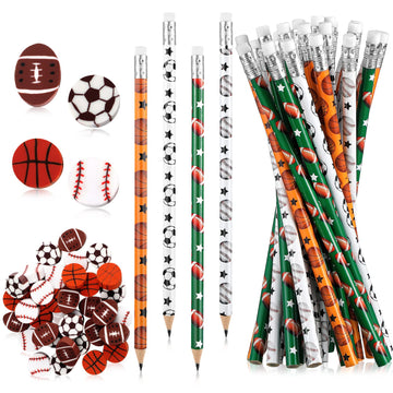 Tinlade 72 Pcs Sports Pencils And Erasers For Kids Fun Wooden Pencils For Kids Boys Sports Themed Birthday Party Favors Students Stationery Party School Office Supplies(Sports)