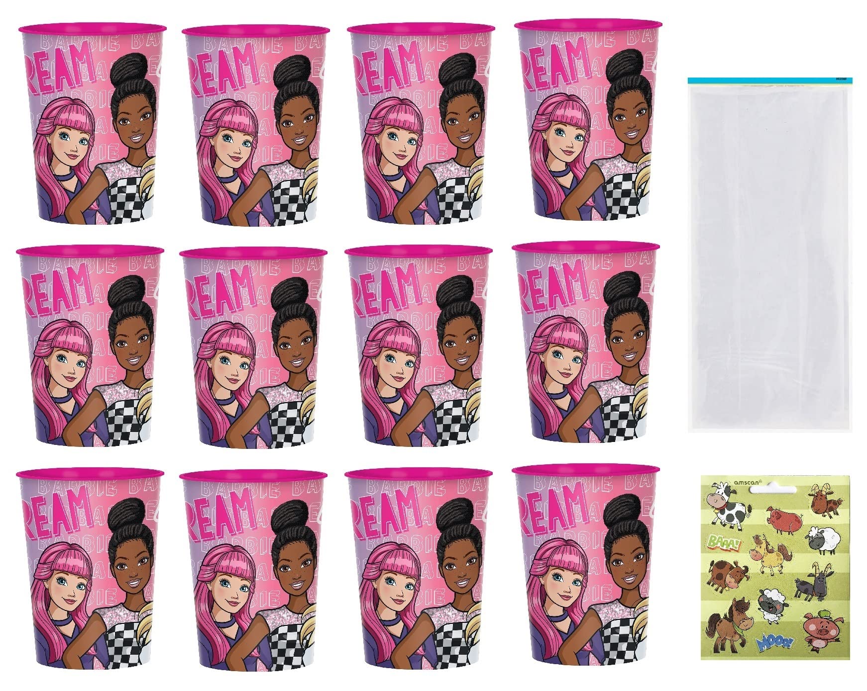 Barbie Dream Birthday Party Supplies Bundle Pack Includes 12 Plastic Reusable Cups and 25 Clear Cello Bags