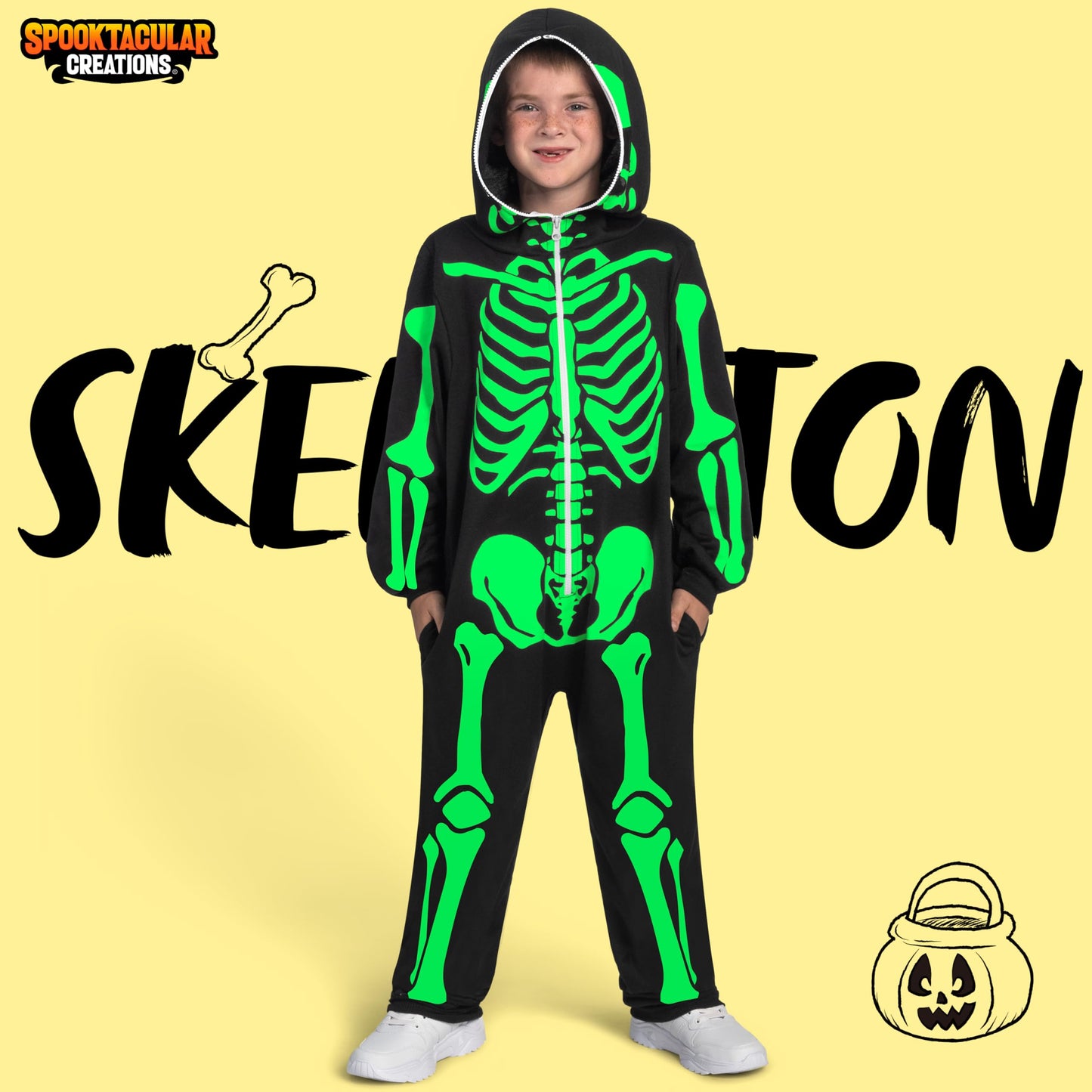 Spooktacular Creations Halloween Kids Skeleton Jumpsuit Pajama, Plush Zip-Up Glow Costume Cosplay In The Dark, Unisex Hooded Skeleton Halloween Sleepwear