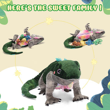 Ikasa Mom Lizard Stuffed Animal Plush Toy, 28'' Cute And Soft Family Set With Mini Babies, Christmas Or Birthday Gifts For Child