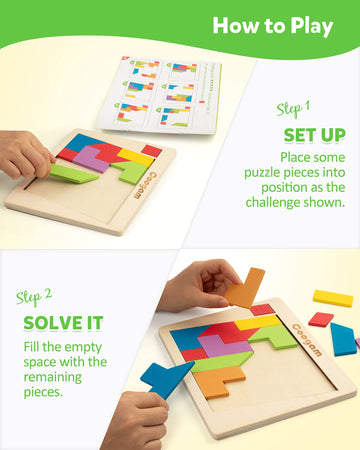 Coogam Wooden Puzzle Blocks Geometric Tangram Brain Teasers Jigsaw 3D Logic Iq Game Colorful Shape Pattern Montessori Stem Educa
