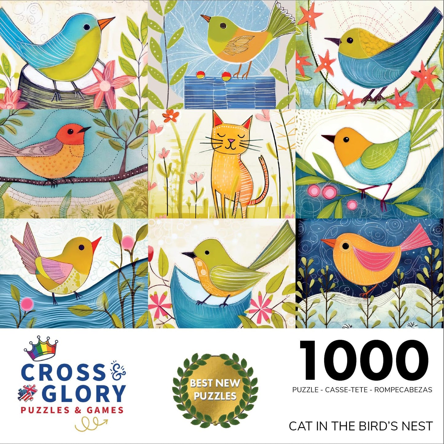 Cross & Glory - Cat In The Bird'S Nest - 1000 Piece Jigsaw Puzzle | Whimsical Birds & Cat Collage | Satin Finish