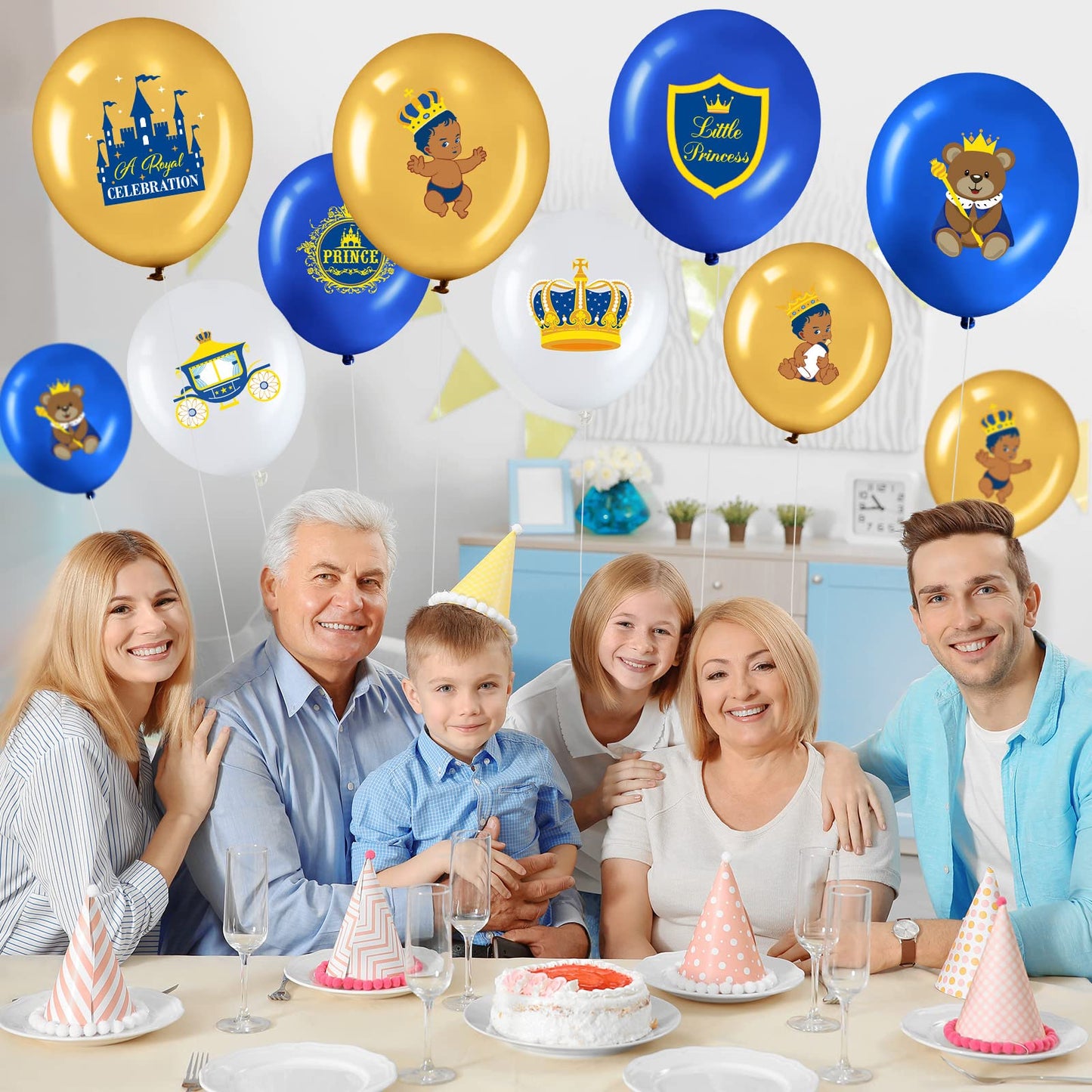 45 Pcs Royal Prince Balloons Blue and Gold Castle Crown Latex Balloon 12 Inches Prince Birthday Party Balloons Royal Blue Gold W