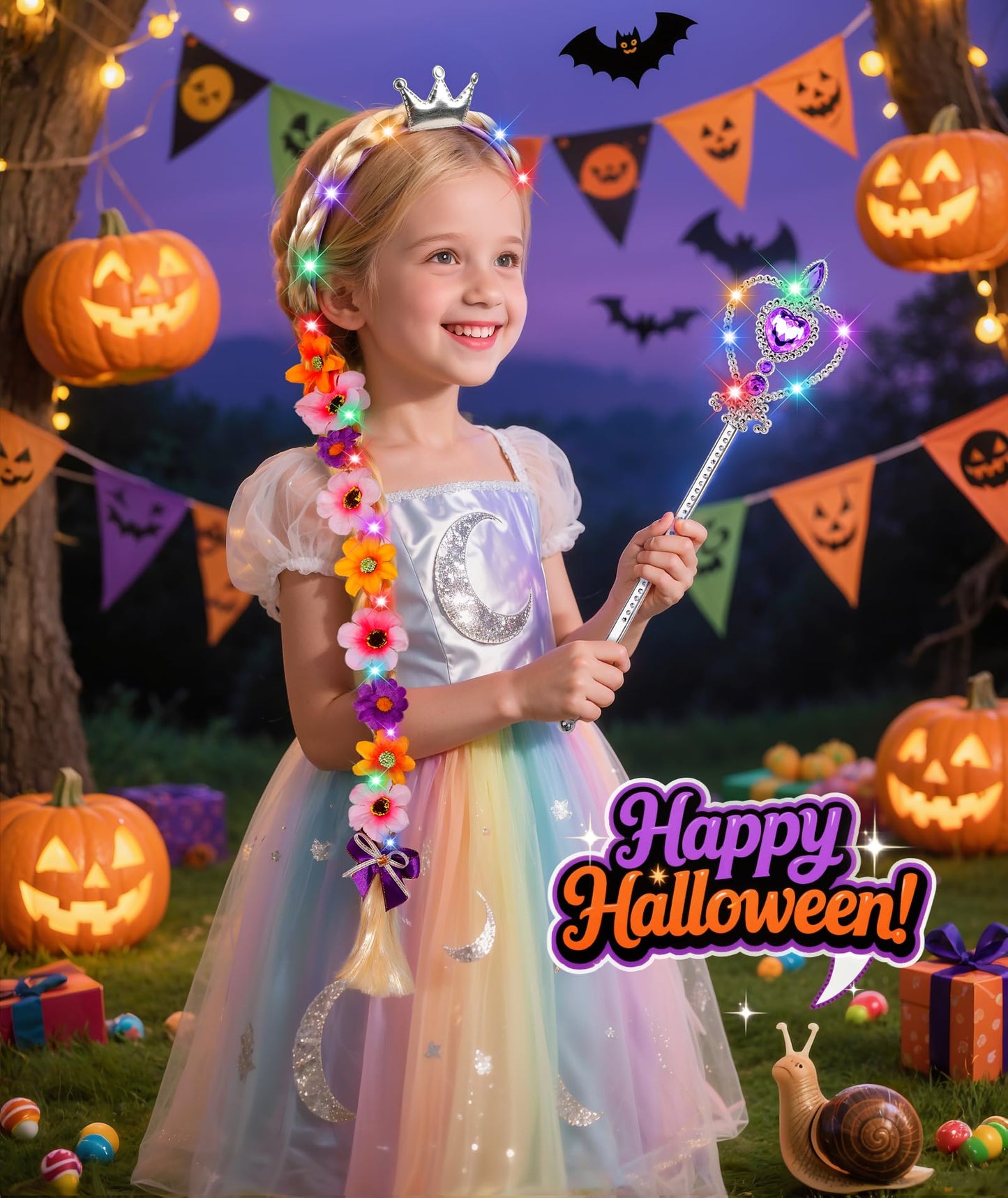 DUDUCOFU Princess Accessories with LED Lights for Little Girls, Glowing Braided Wig with Tiara Wand Toys for Girls Gift 3 4 5 6