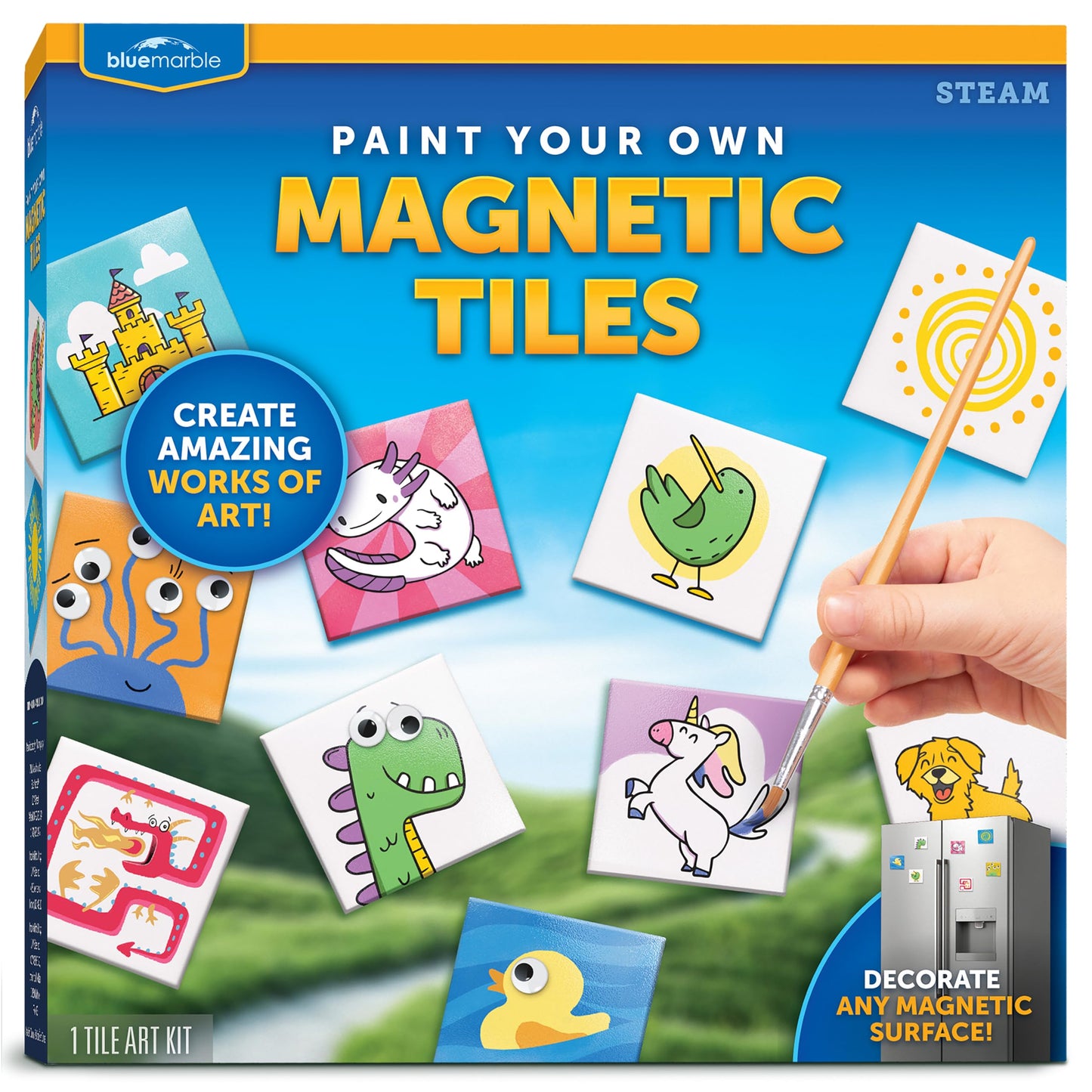 Blue Marble Magnetic Tile Art Kit - DIY Magnetic Mini Tiles, 10 Tiles, 6 Paints, Multicolor, Model ABTILEART