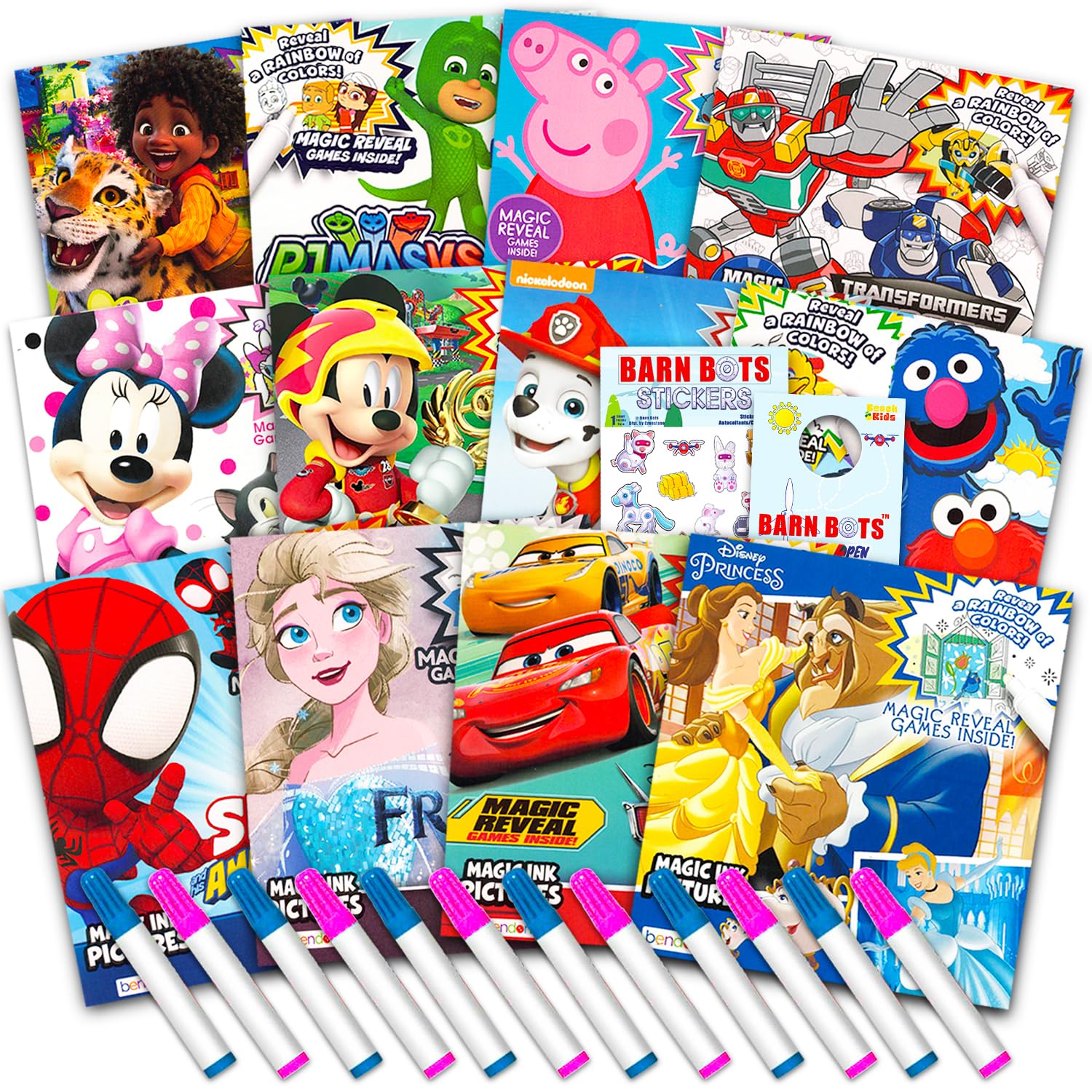 12 Mess Free Imagine Ink Coloring Book Set for Kids - Bulk Bundle with 12 No Mess Coloring Books, Barn Bots Stickers and Door Ha