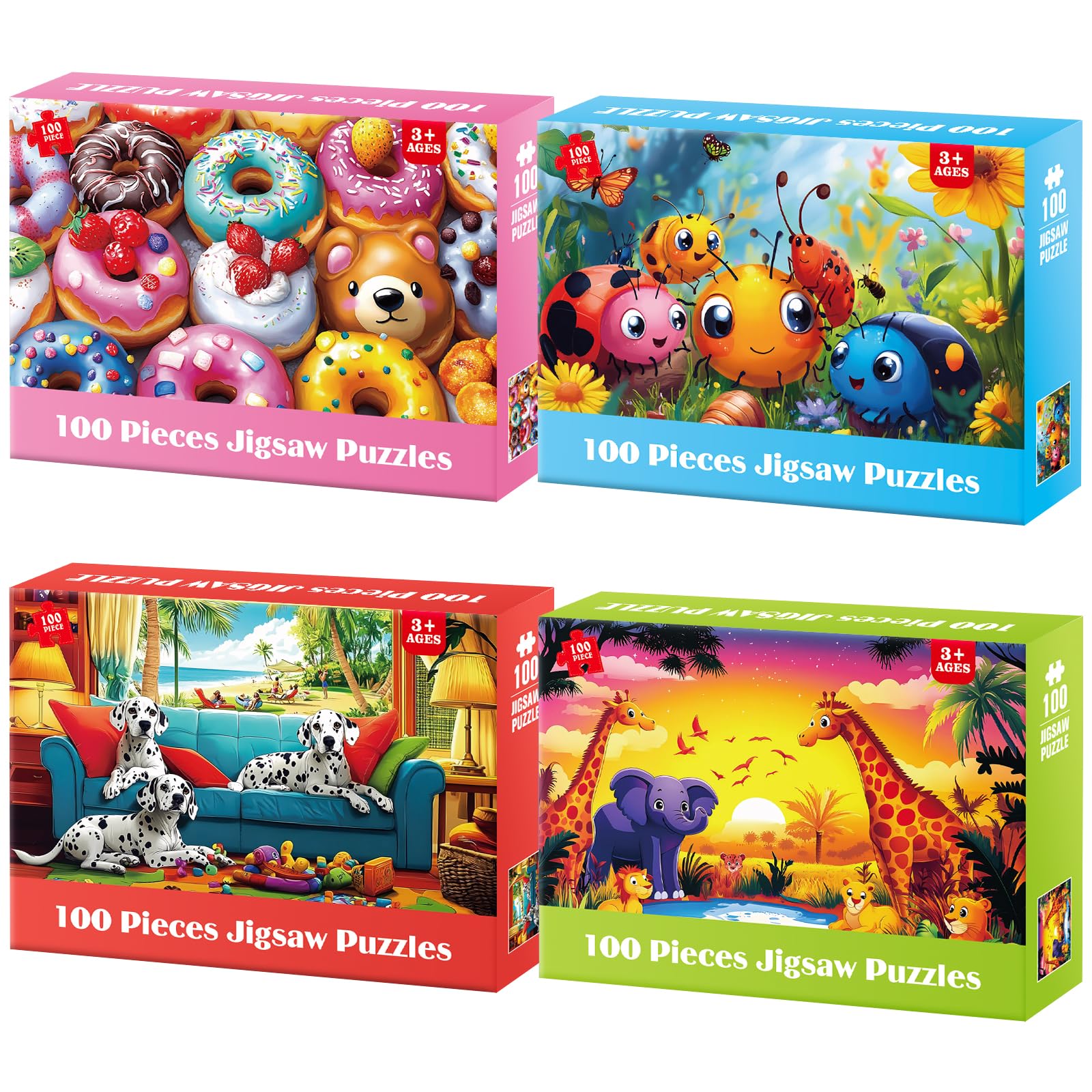 Ciavotie 4 Packs 100 Piece Puzzles for Kids Ages 4-6-8-10  Donuts Insects Dalmatians Animals Large Piece Jigsaw Puzzles for Children Senior mature-themed Educational Puzzle Toys Preschool Birthday Gifts