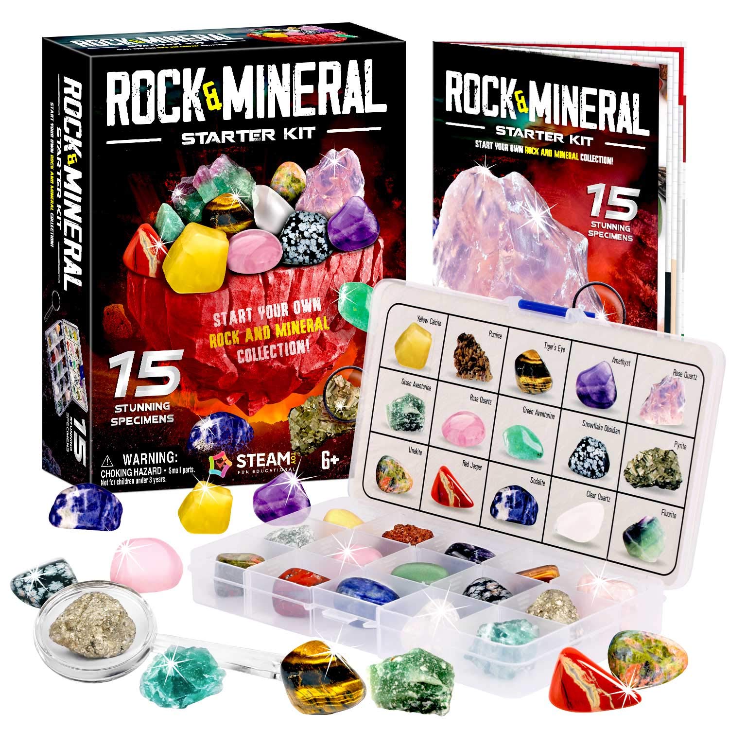 XXTOYS Rocks Collection - 15-Piece Rock Collections for Kids - Cool Geology Gem Kit with Identification Sheet - Gemstones Set Box with Learning Guide and Storage Case - Educational Gift for Kid