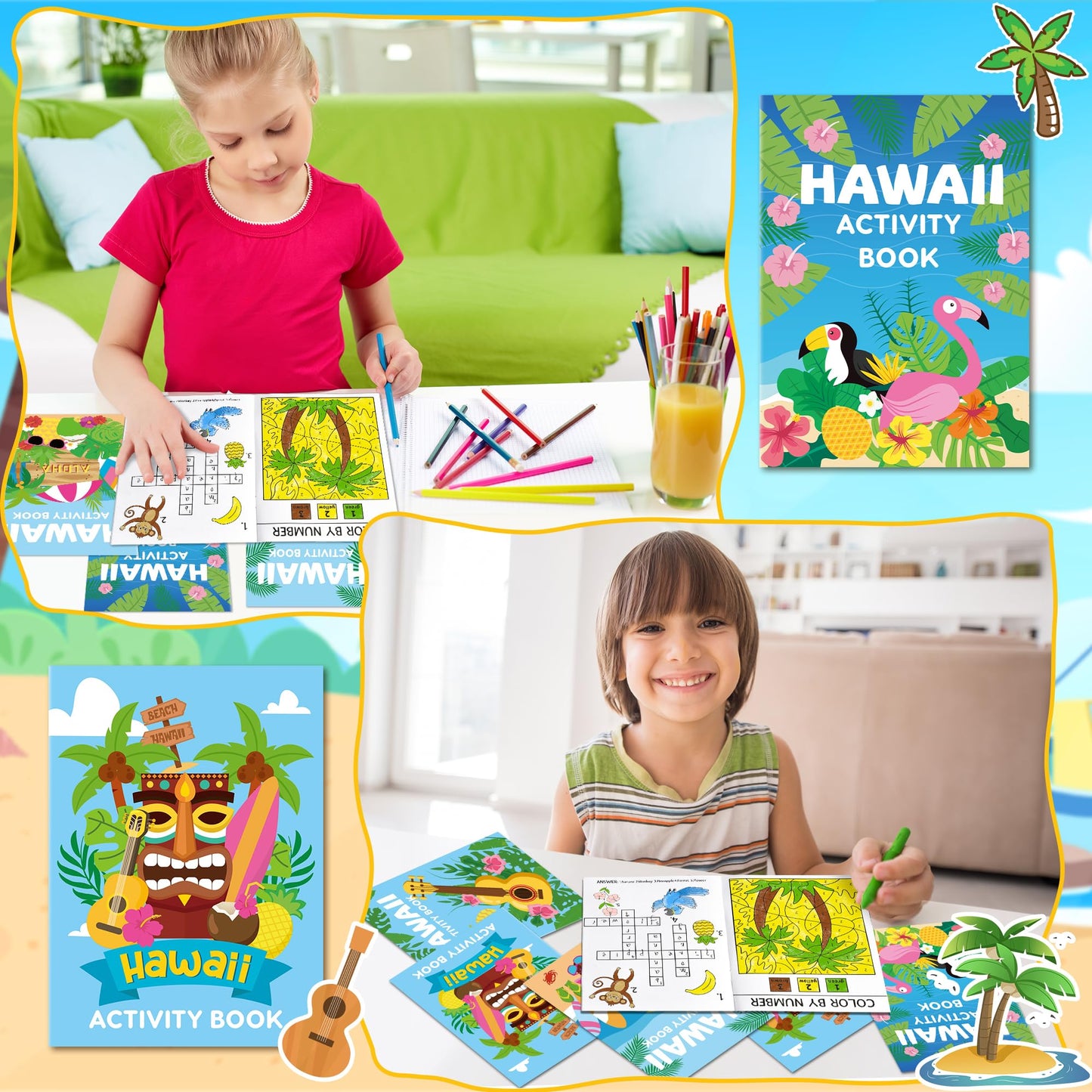 BWkoss Summer Activity Books for Kids-24Pcs Hawaii Mini Games Coloring Book Set Bulk Mazes Word Search Word Scramble Games Bookl
