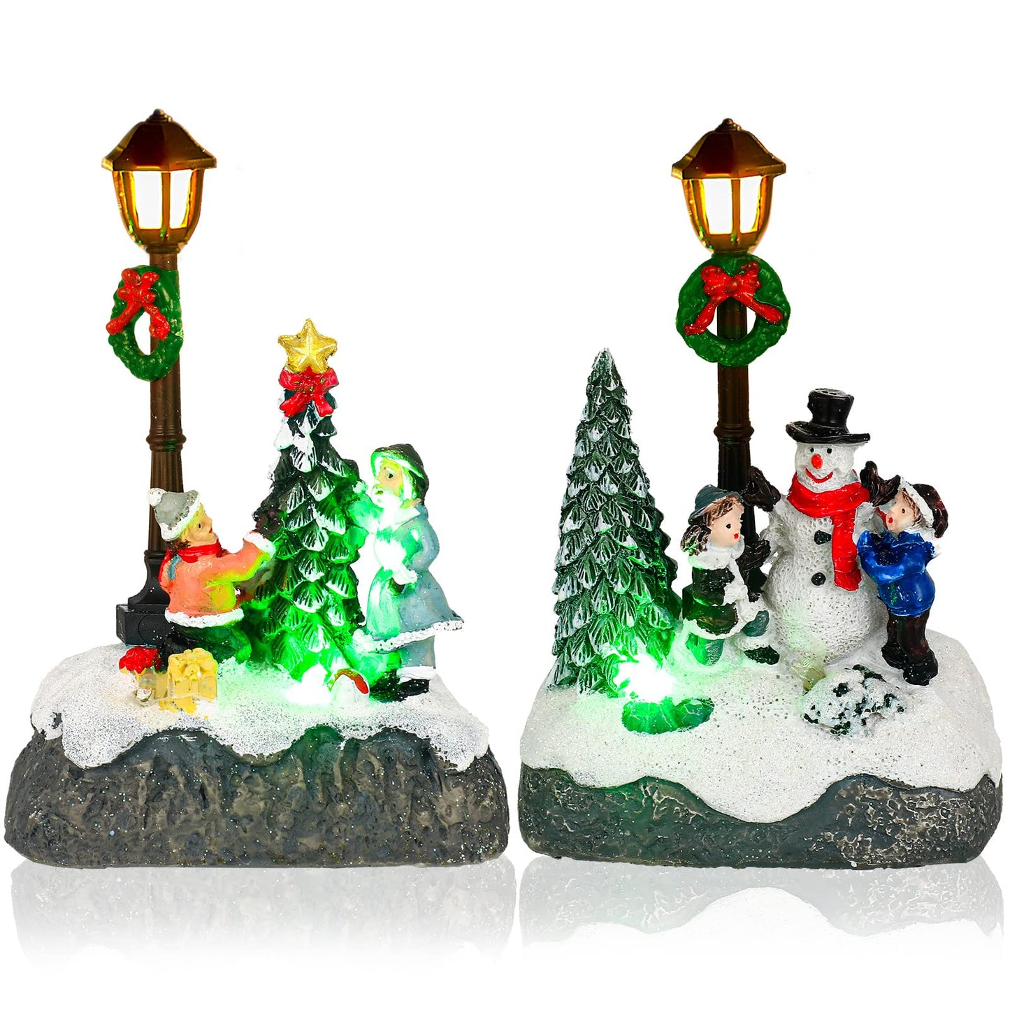 Karenhi Christmas Village Sets, 2 Pcs Snowman Tree Santa Christmas Village Scene with Figurines LED Light Xmas Accessories Table