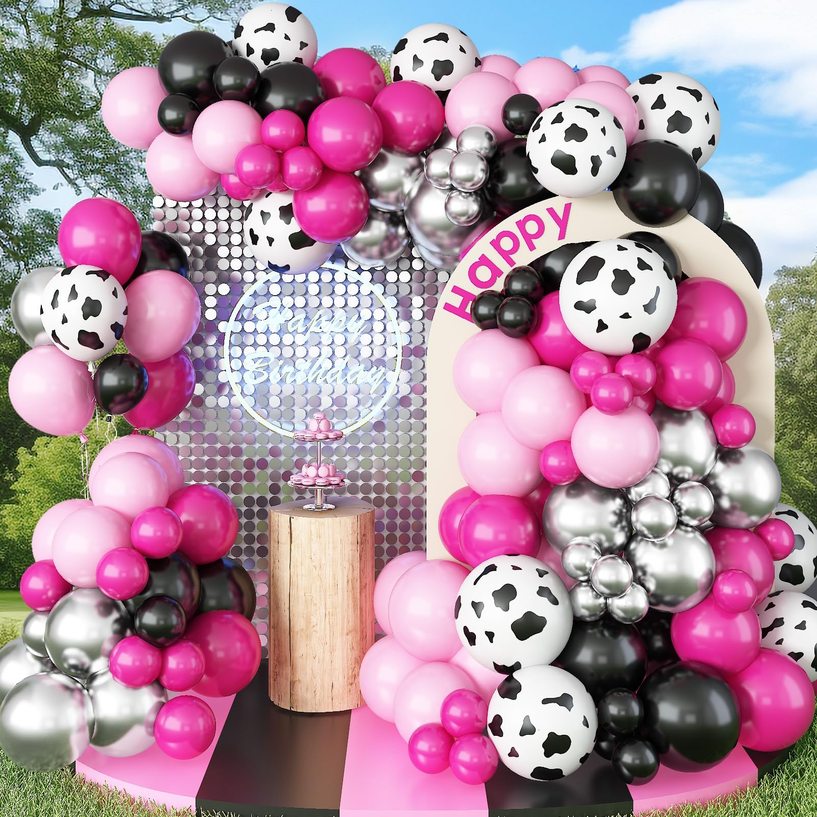 Hot Pink And Black Balloons Arch Kit, 110 Pcs Farm Cow Print Balloon Arch Garland Kit With Metallic Silver Balloons Light Baby P