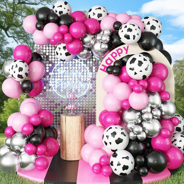 Hot Pink And Black Balloons Arch Kit, 110 Pcs Farm Cow Print Balloon Arch Garland Kit With Metallic Silver Balloons Light Baby P